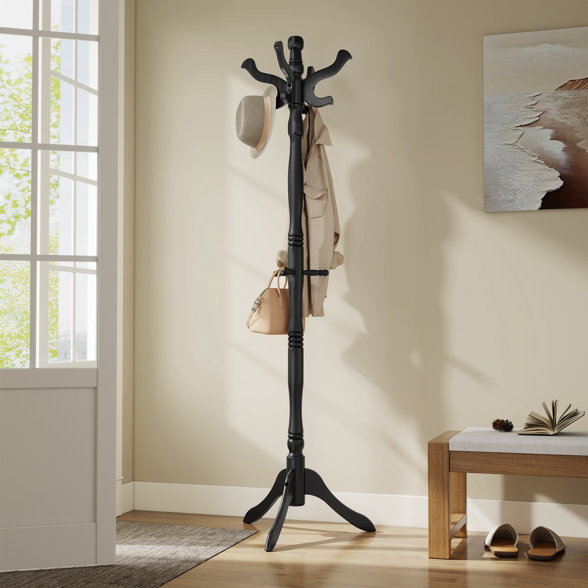 Solid Wood Coat Rack, Freestanding Hat Tree Stand with 9 Hooks, 20.5 x 17.8 x 70.9 inches, Black