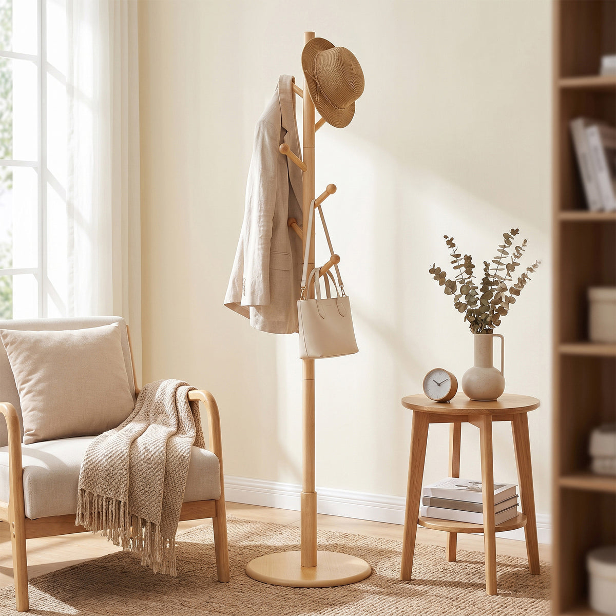 Wooden Clothes Rack with 8 Hooks, for Coats, Hats and Bags, Hallway Organizer, MDF, Rubber wood, Natural