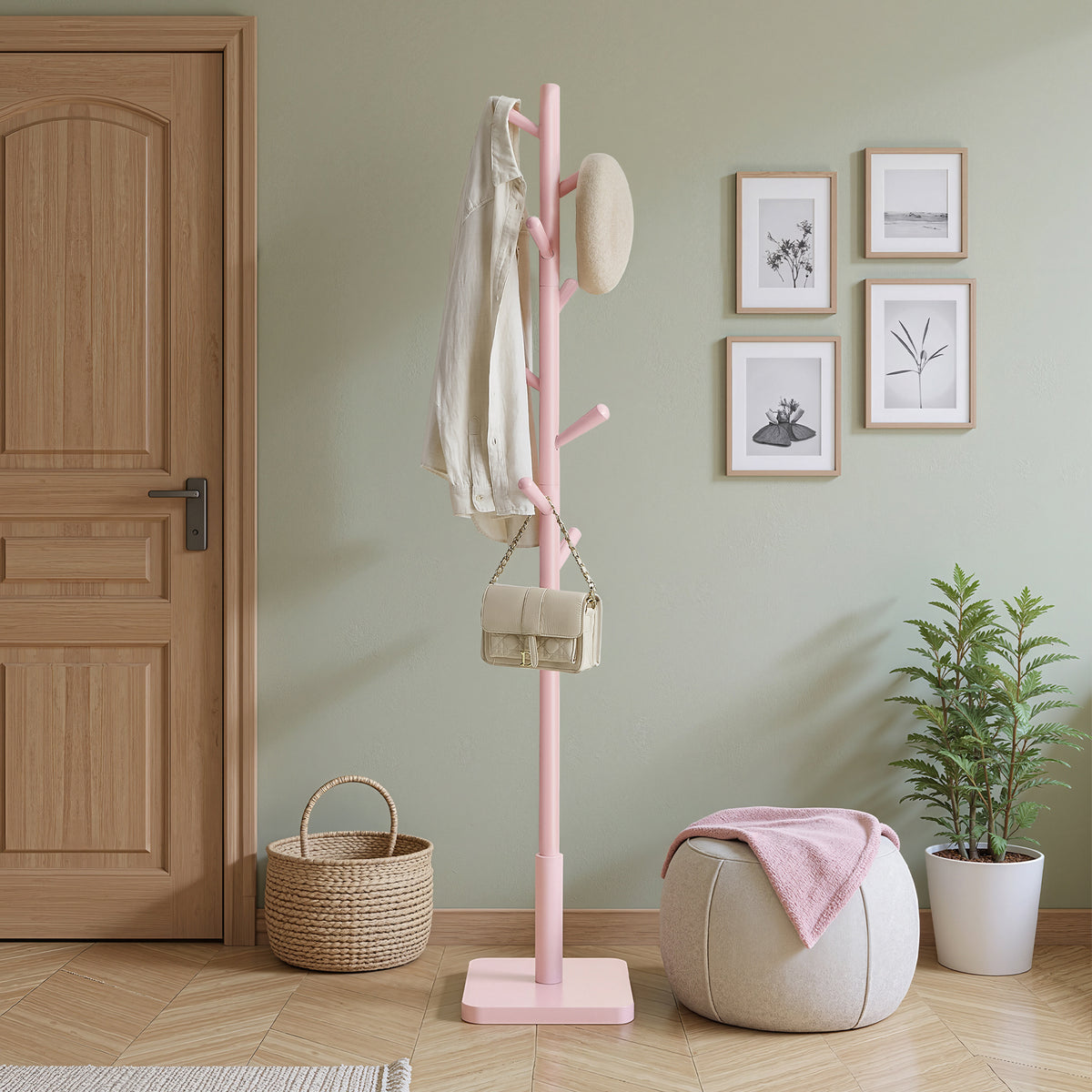 Wooden Clothes Rack with 8 Hooks, for Coats, Hats and Bags, Hallway Organizer, Rubberwood, Pink