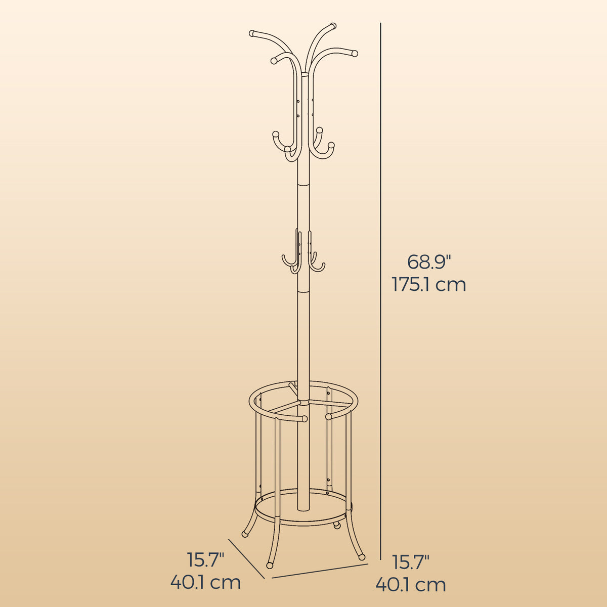 LEDREM Freestanding Coat Rack with Umbrella Holder and 12 Hooks, 11.8 x 11.8 x 69.1 inches, Black