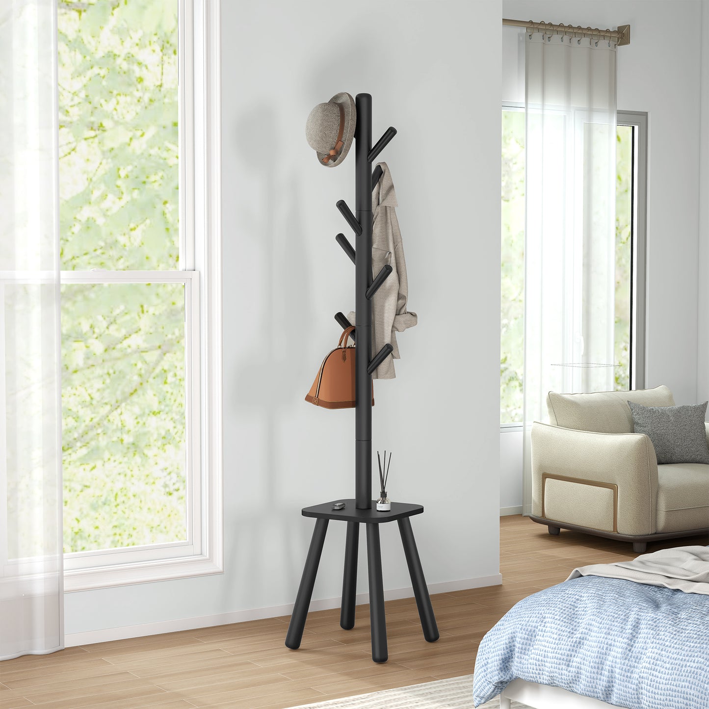 Wooden Freestanding Coat Rack with 8 Hooks and Storage Shelf, 13.2 x 13.2 x 69.2 inches, Black