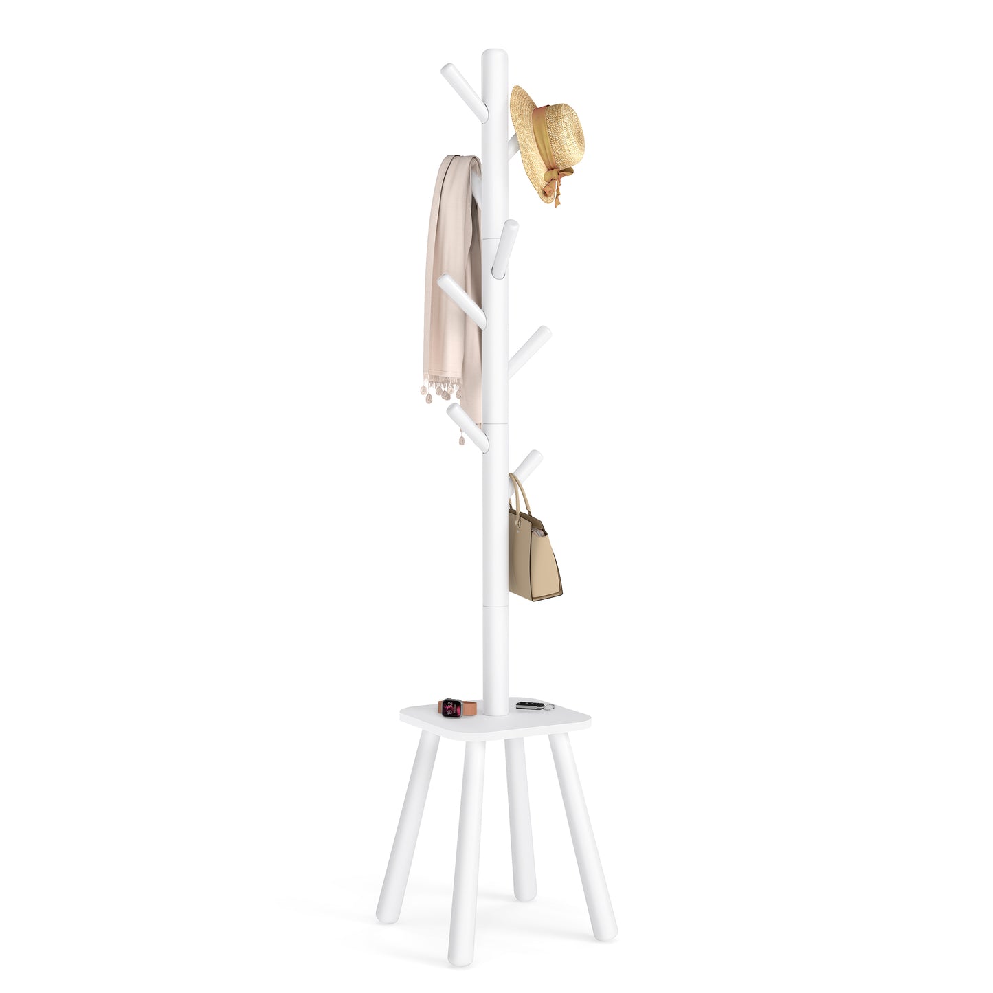 69.2-Inch Freestanding Coat Rack with 8 Hooks and Storage Shelf, 4-Leg Base Design for Coats, Hats, and Bags, Cloud White