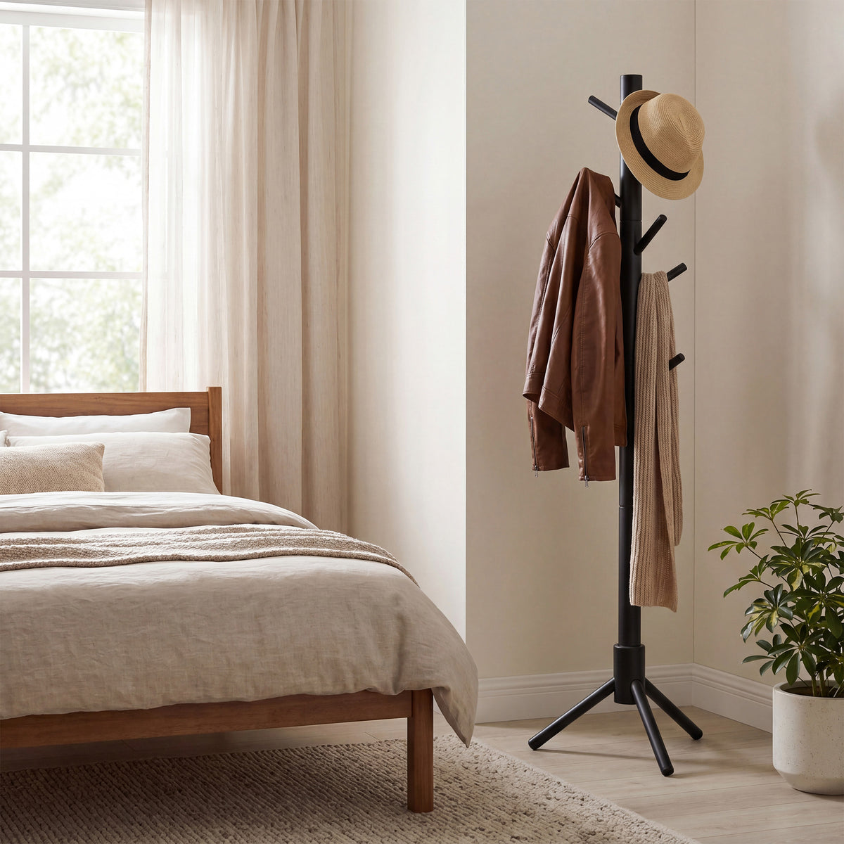 LEDREM Solid Wood Tree-Shaped Free-Standing Coat Rack, with 8 Hooks and 3 Height Options for Clothes, Hats and Bags, Ink BlackLEDREM Solid Wood Tree-Shaped Free-Standing Coat Rack, with 8 Hooks and 3 Height Options for Clothes, Hats and Bags, Ink Black