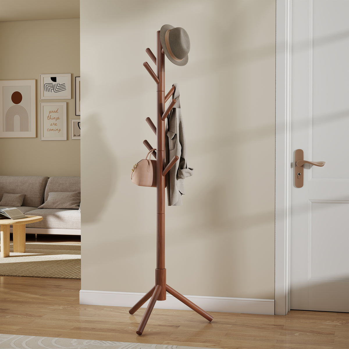 LEDREM Solid Wood Tree-Shaped Free-Standing Coat Rack, with 8 Hooks and 3 Height Options for Clothes, Hats and Bags, Caramel Brown