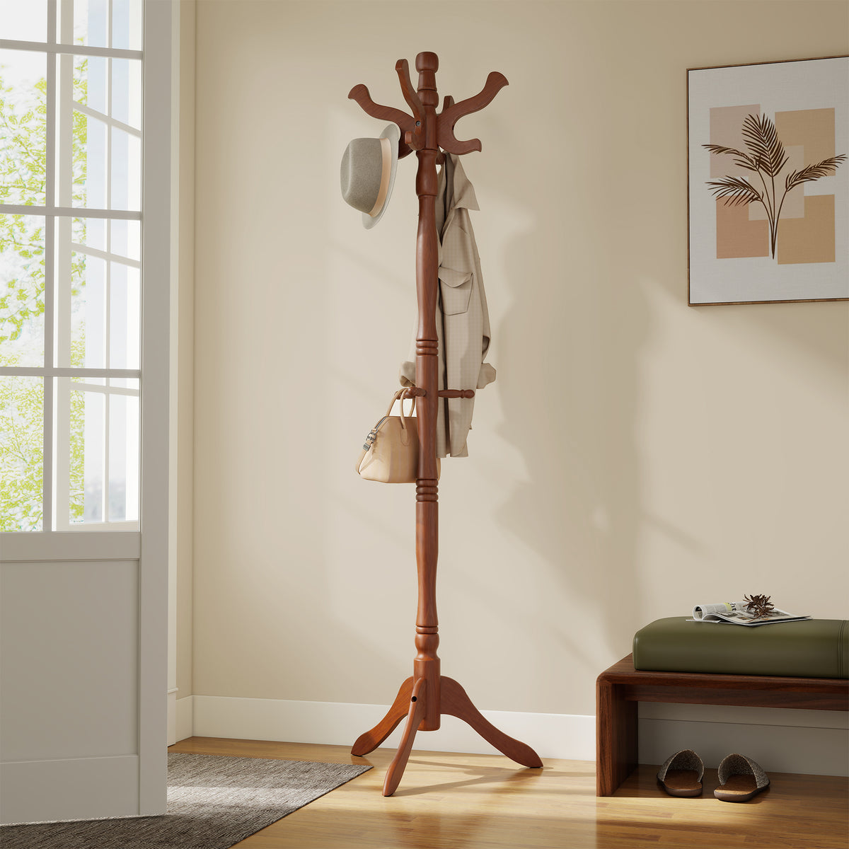 Solid Wood Coat Rack, Freestanding Hat Tree Stand with 9 Hooks, 20.5 x 17.8 x 70.9 inches, Tan