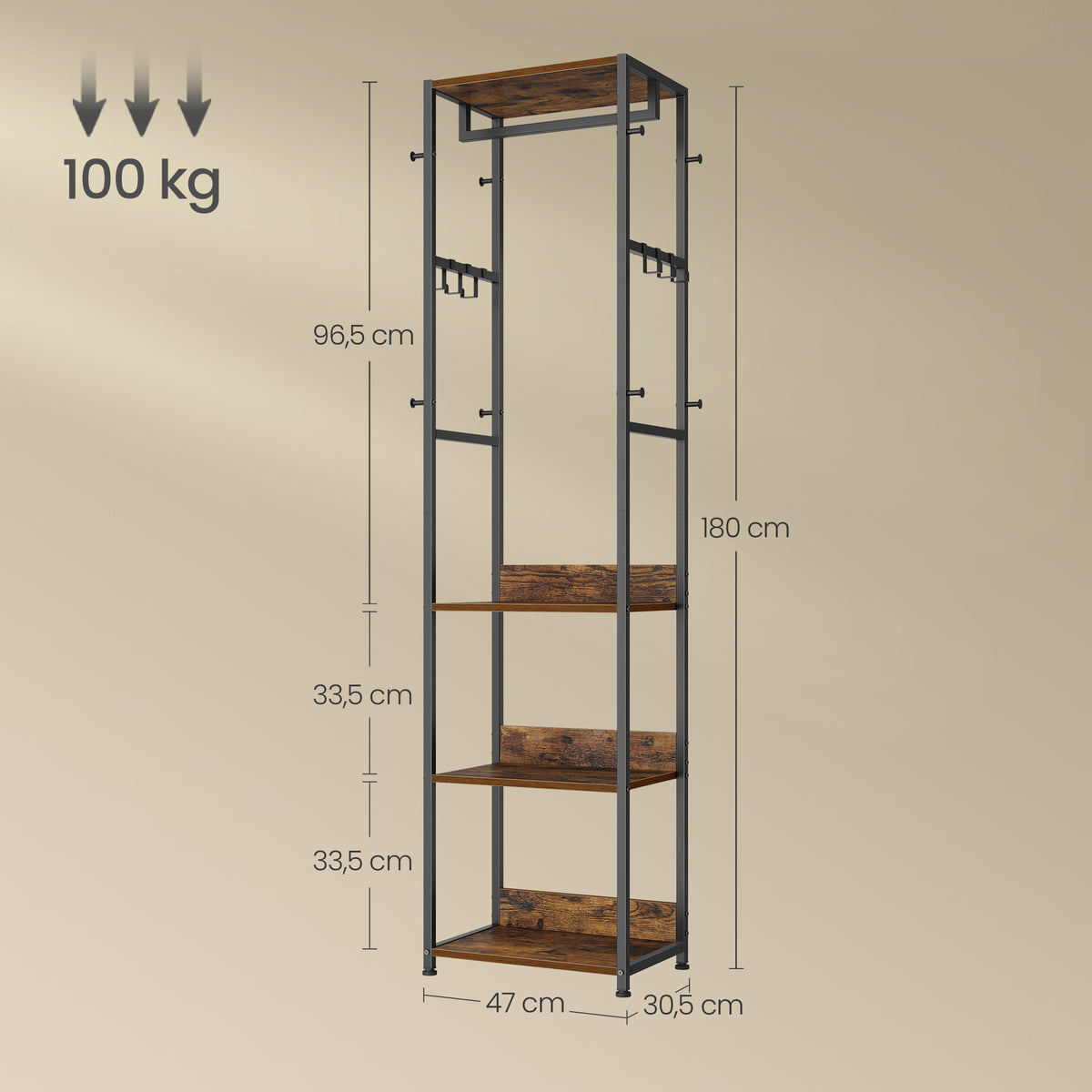 Portable Wardrobe Closet, Industrial Clothes Rack with 4 Shelves & Hanging Rod, Freestanding Coat Stand with Hooks, Space-Saving, Ink Black and Rustic Brown