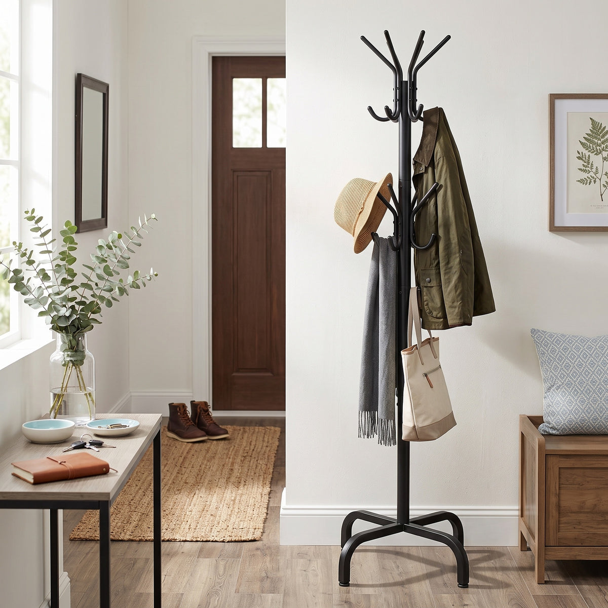 LEDREM Coat Stand, Metal Coat Rack with 16 Hooks, 4 Legs, for Coats, Hats, Bags, for Hallway, Living Room, Bedroom, Ink Black