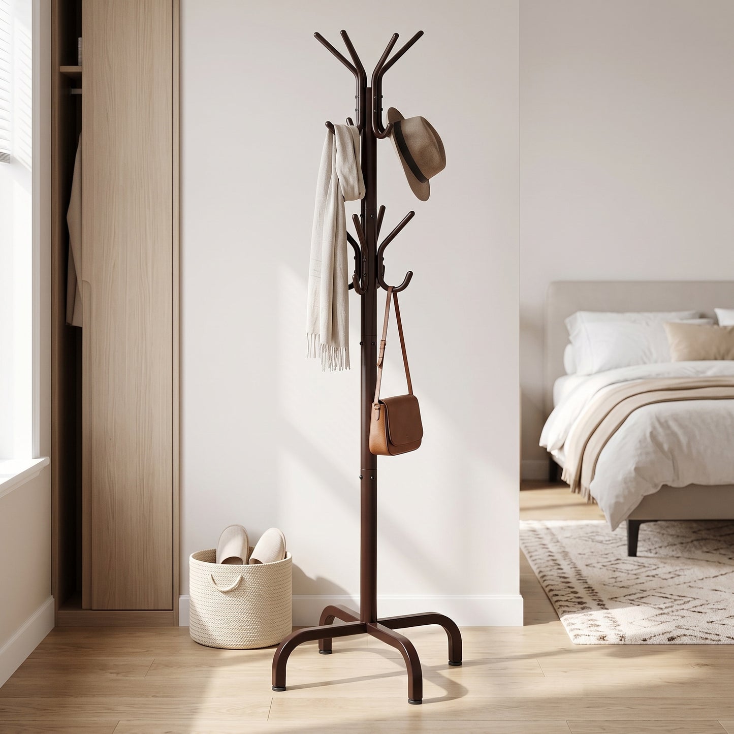 Coat Stand, Metal Coat Rack with 12 Hooks, 4 Legs, for Coats, Jackets, Hats, Bags, for Hallway Bedroom Office, Burgundy