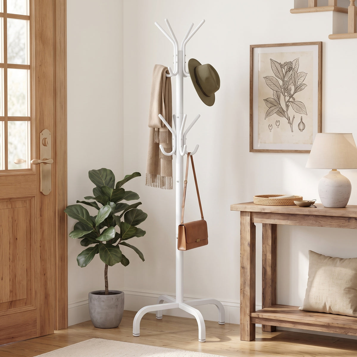 Coat Stand, Metal Coat Rack with 12 Hooks, 4 Legs, for Coats, Jackets, Hats, Bags, for Hallway Bedroom Office, White