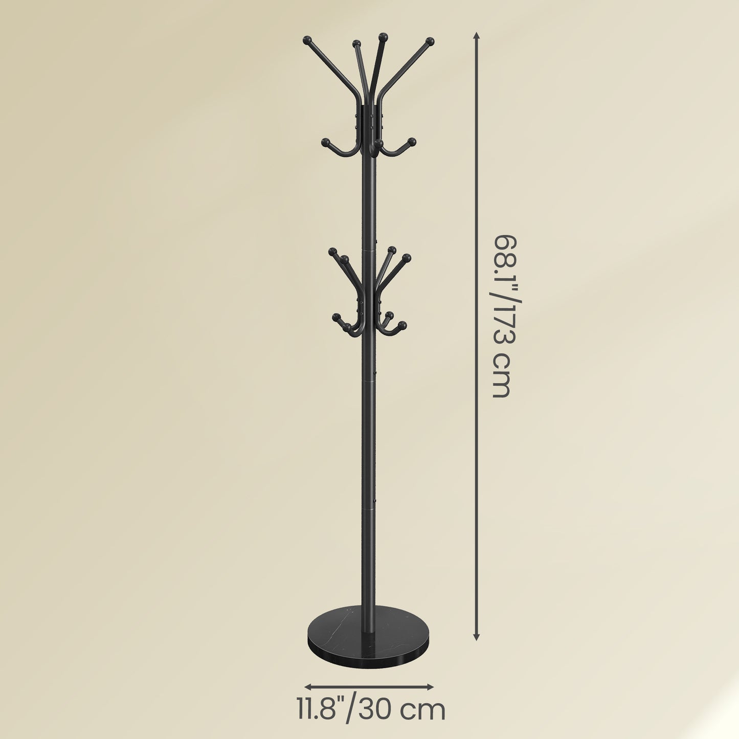 Freestanding Coat Rack with Marble Base, 18 Hooks & Umbrella Holder, Rotating Top, 68.1" Tall, for Hallway, Ink Black