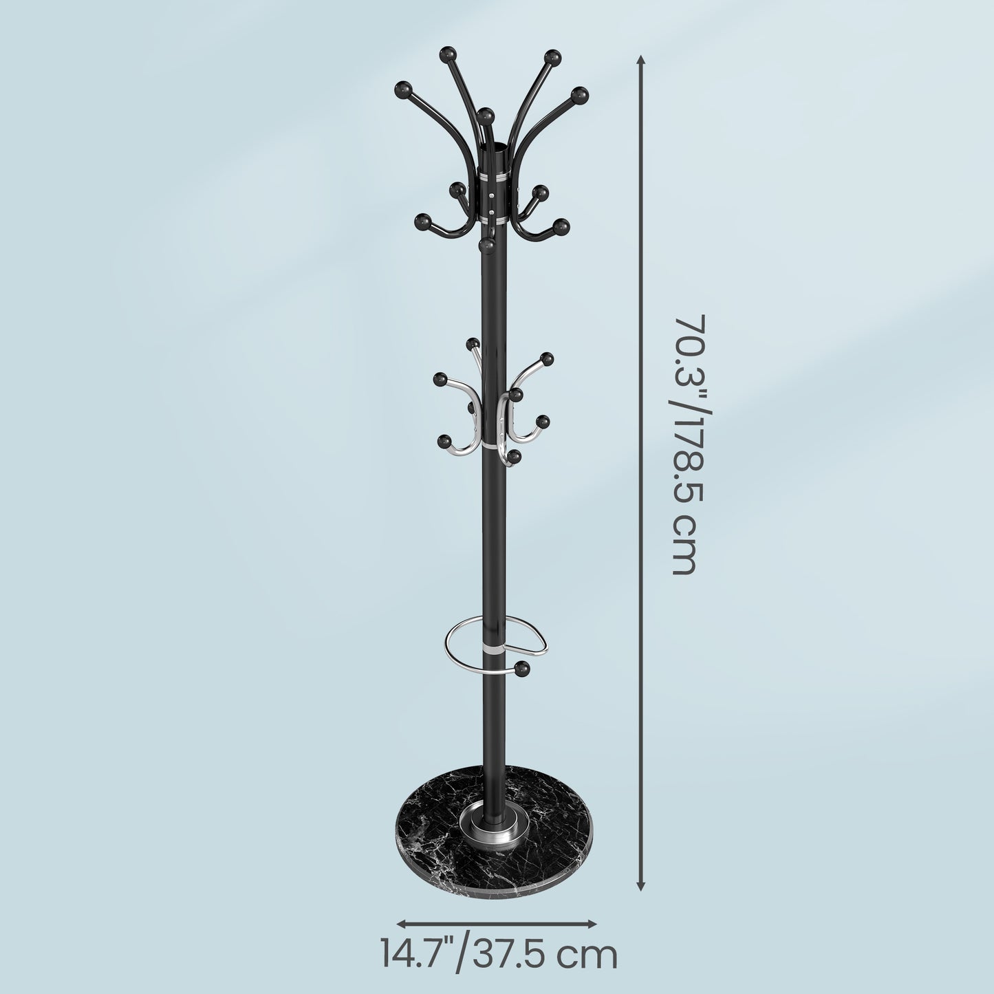 Freestanding Coat Rack with Marble Base, 18 Hooks & Umbrella Holder, Rotating Top, 70.1" Tall, for Hallway, Black