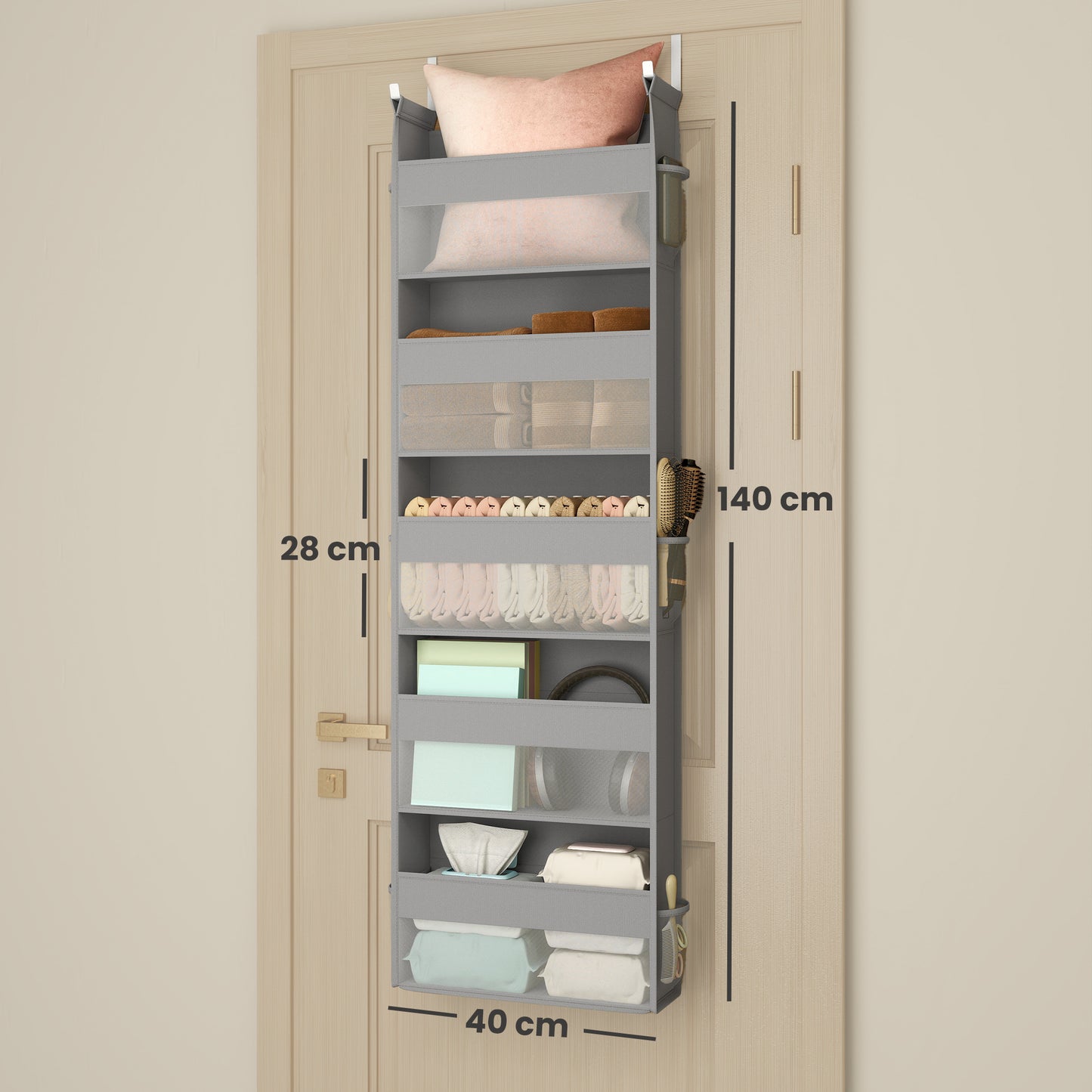 Over-the-Door Organizer with 5 Large Pockets, 5-Tier Fabric Storage with Transparent Mesh & Side Pouches, Foldable, Dove Gray