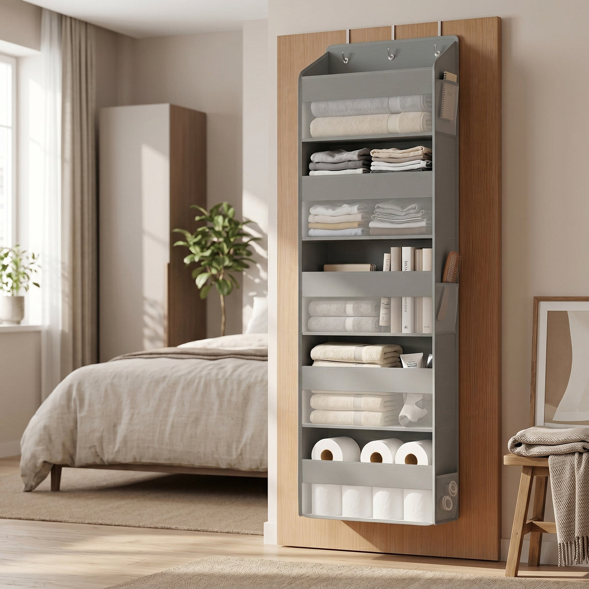 Over the Door Organizer, 5-Tier Hanging Closet Shelf with Clear Pockets, 55.1 x 15.7 x 5.9 Inches, Gray