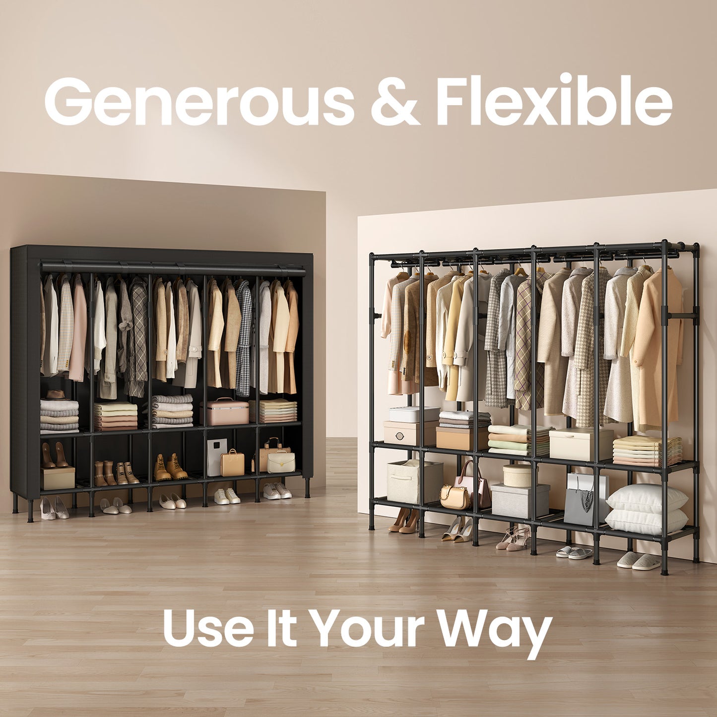 Large Wardrobe Closet Organizer with 5 Rails & 10 Shelves, 83.5 Inch Portable Clothing Rack with Fabric Cover, Freestanding, Ink Black