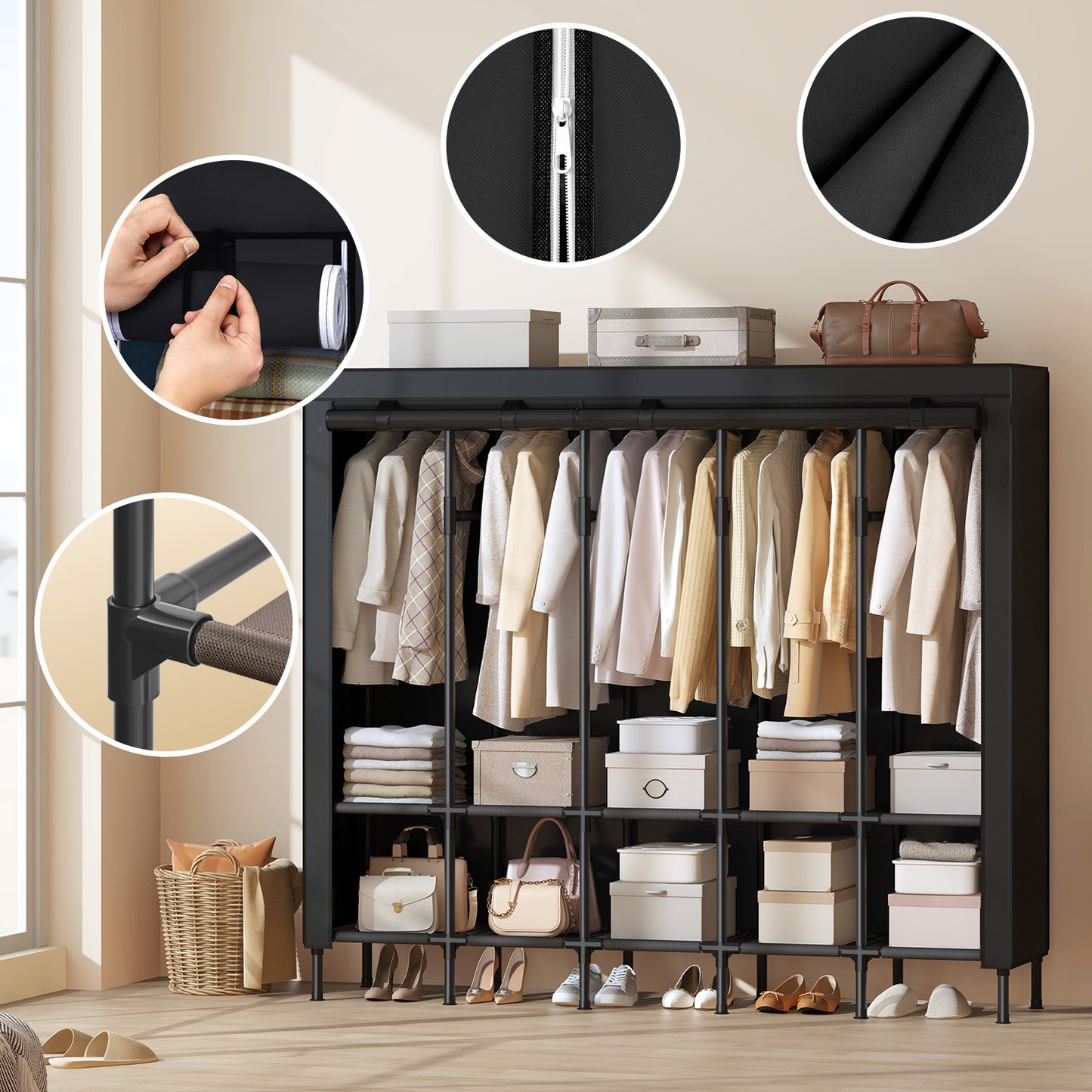 Large Wardrobe Closet Organizer with 5 Rails & 10 Shelves, 83.5 Inch Portable Clothing Rack with Fabric Cover, Freestanding, Ink Black