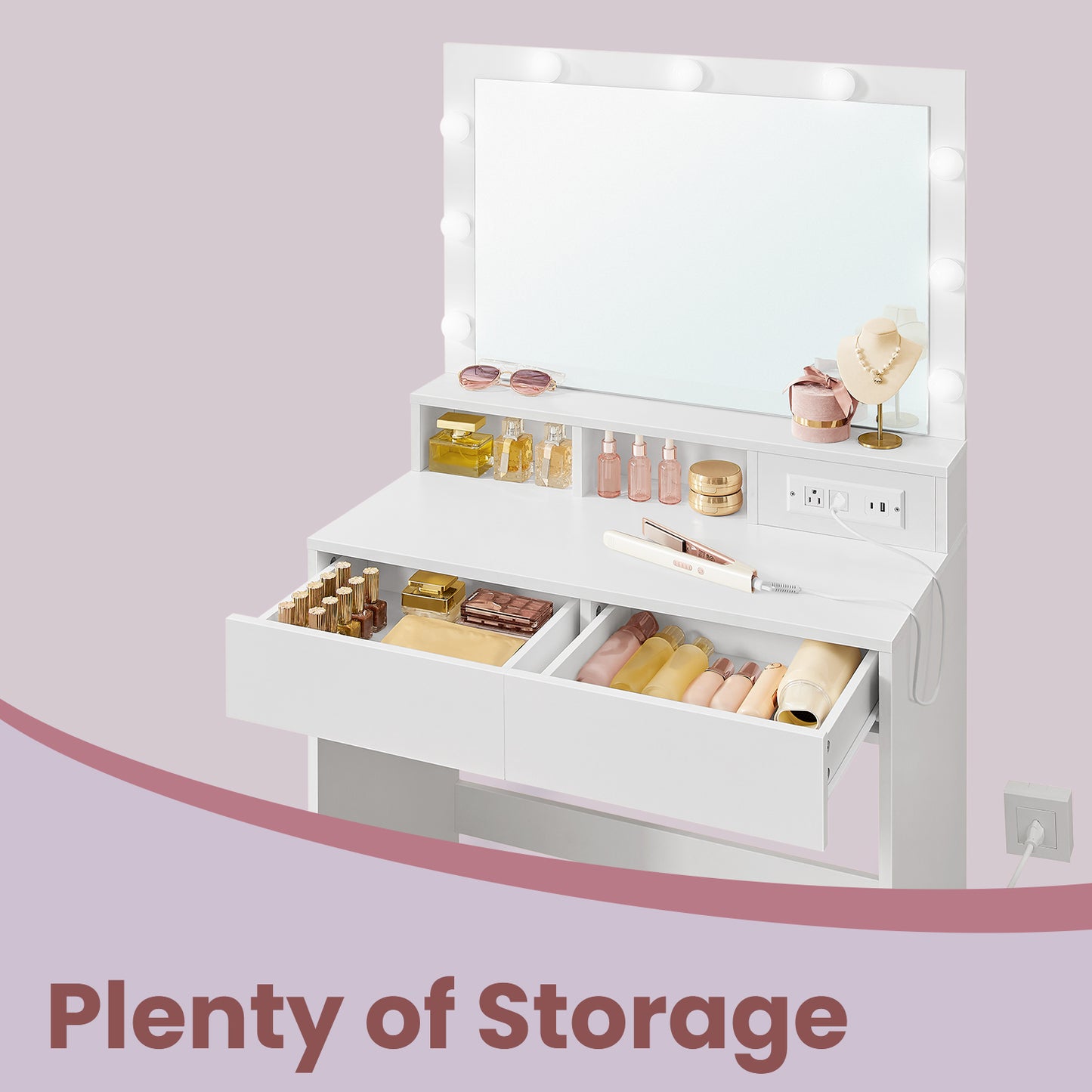 Modern Makeup Vanity Set with Power Outlets & 9 Dimmable LED Lights, Storage Drawers & Velvet Stool, for Bedroom, Cloud White