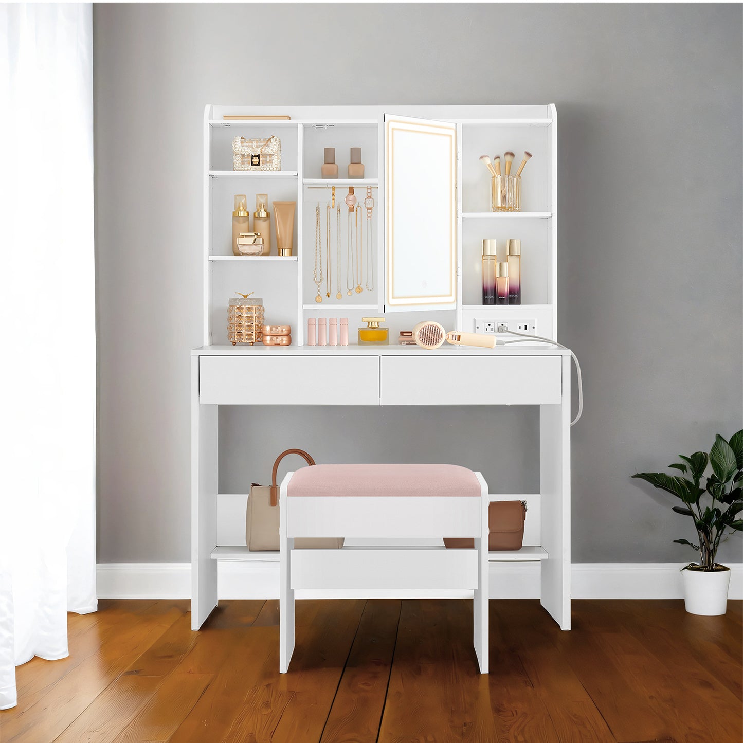 Modern Makeup Vanity Set with 3-Tone LED Mirror, Adjustable Shelves & Power Outlets, Velvet Stool, for Bedroom, Cloud White