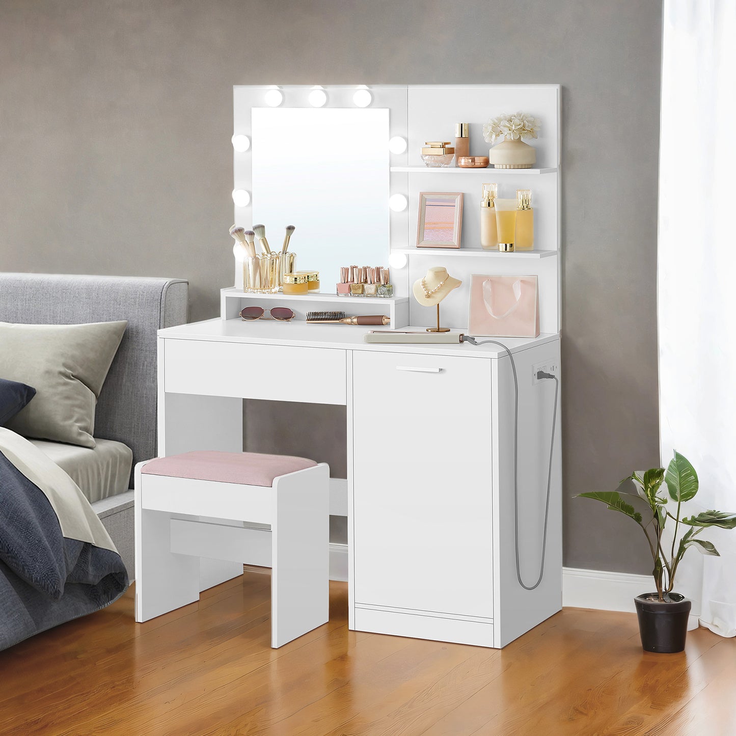 35.4" Makeup Vanity Set with LED Mirror & Charging Station, 9 Dimmable Lights, Storage Cabinet & Velvet Stool, for Bedroom, Cloud White