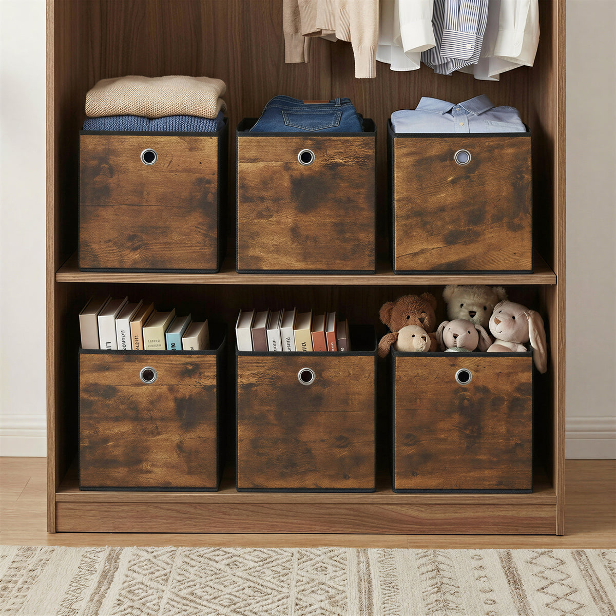 LEDREM Set of 6 Storage Cubes, Storage Bins, Foldable Paper, Non-Woven Fabric Storage Boxes, 10.2 x 10.2 x 11 Inches, for Bedroom, Living Room, Black and Tan