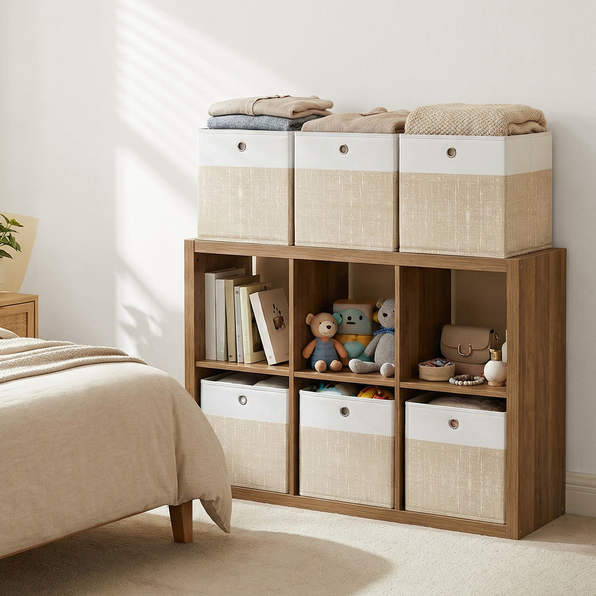 LEDREM Storage Cubes Set of 6, Foldable Non-Woven Fabric Closet Organizer Bins with Handles, 10.2 x 10.2 x 11 Inches, Beige