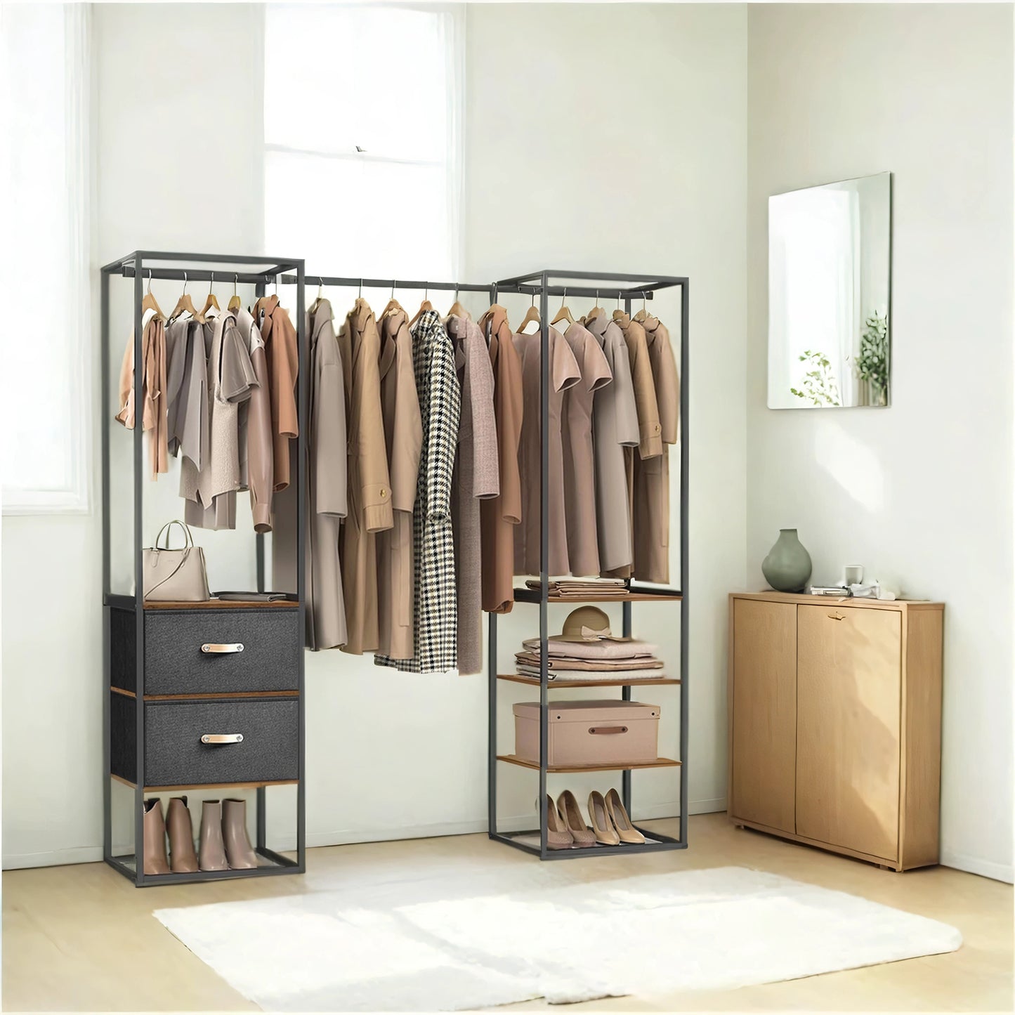 Heavy Duty Wardrobe Closet, 70.9 Inch Freestanding Garment Rack with Extendable Rod, 2 Drawers & 4 Shelves, Space-Saving Organizer for Bedroom,Rustic Brown