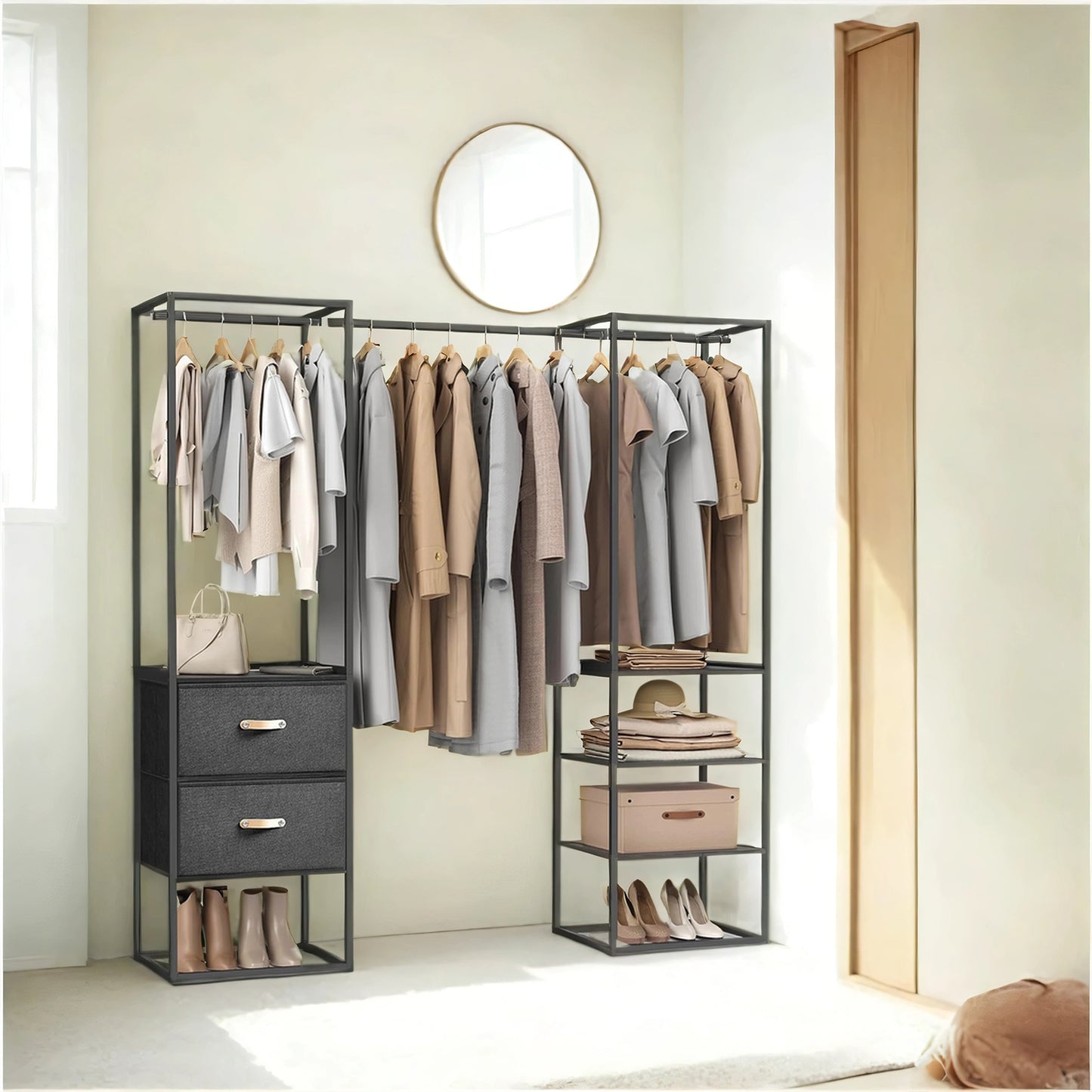 Heavy Duty Wardrobe Closet, 70.9 Inch Freestanding Garment Rack with Extendable Rod, 2 Drawers & 4 Shelves, Space-Saving Organizer for Bedroom,Ebony Black