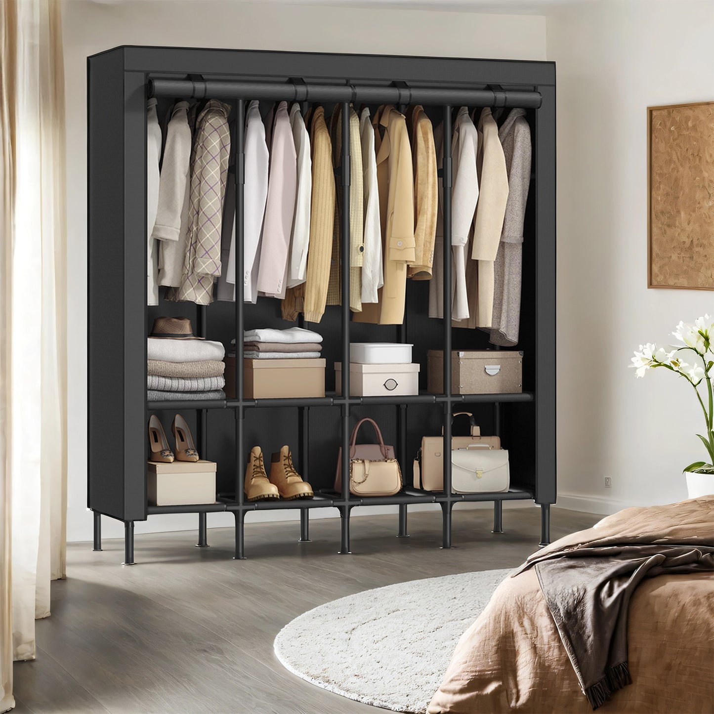 Large Wardrobe Closet Organizer with 4 Rails & 8 Shelves, Freestanding Portable Clothing Rack with Fabric Cover, Ink Black