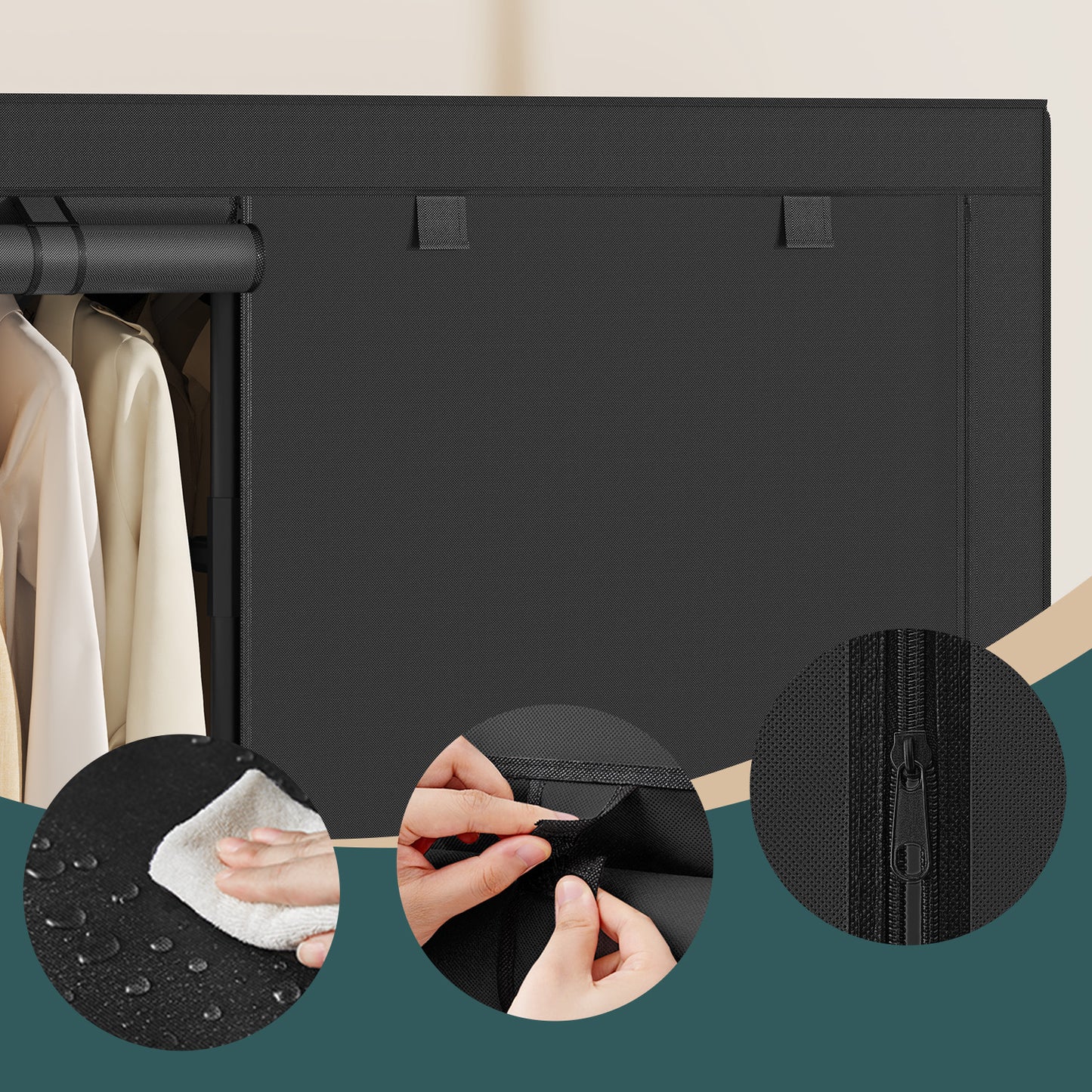 Large Wardrobe Closet Organizer with 4 Rails & 8 Shelves, Freestanding Portable Clothing Rack with Fabric Cover, Ink Black