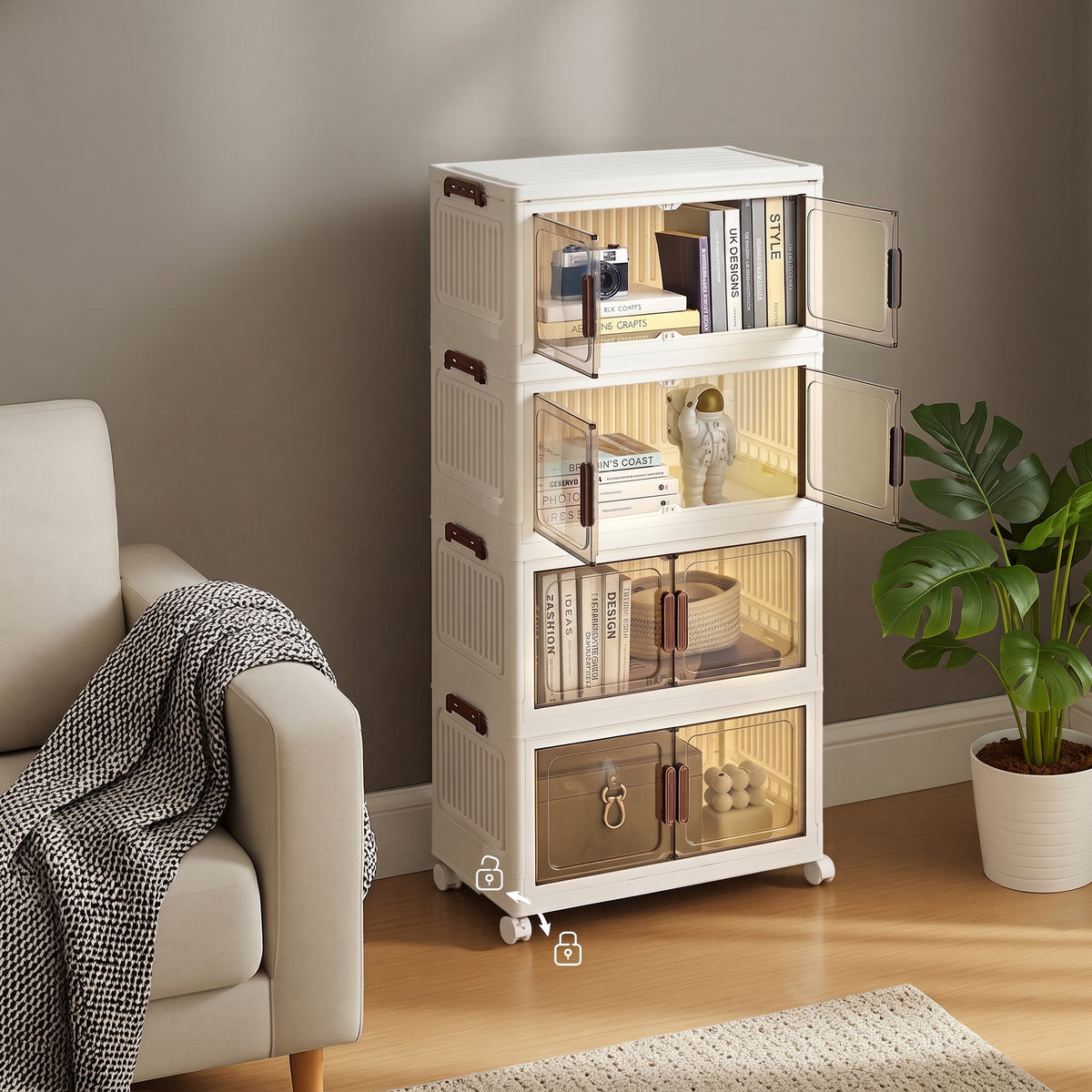 Folding Storage Bins with Magnetic Doors, 4-Tier Plastic Cabinet on Wheels, 21.7 x 12.2 x 43.7 Inches, White
