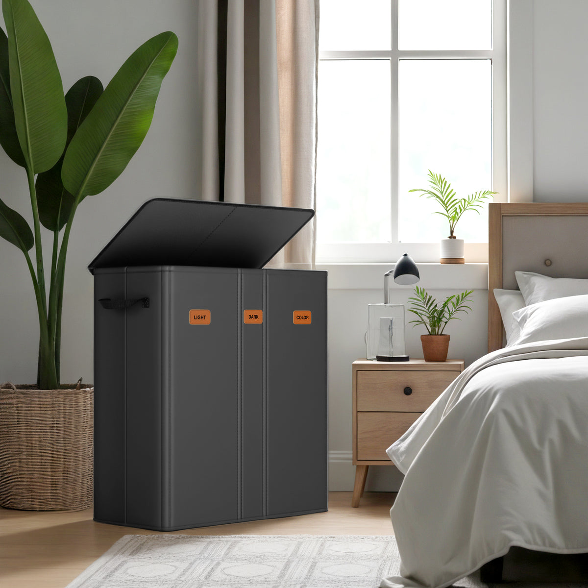 LEDREM Triple Laundry Hamper with Lid, Removable Machine-Washable Liner Bags, Laundry Basket for Bedroom, Black and Tan