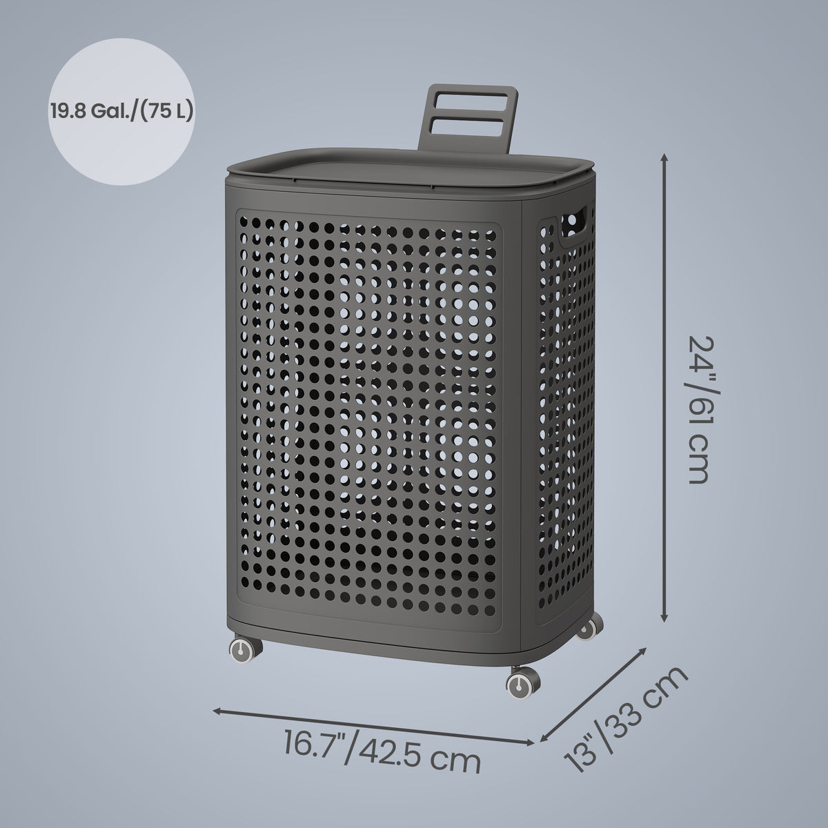 Rolling Laundry Hamper with Lid, 19.8 Gal Slim Plastic Basket on Wheels, for Bathroom Bedroom Dorm, Dark Gray