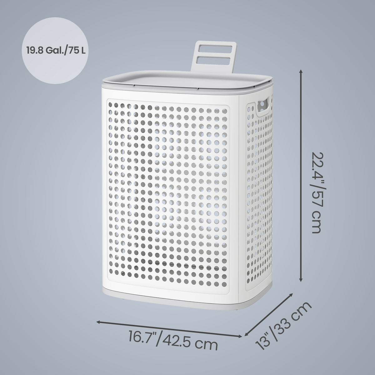 Slim Plastic Laundry Hamper with Lid, 19.8 Gal Space-Saving Storage Basket, for Bathroom Bedroom Dorm, Ventilated, White and Gray