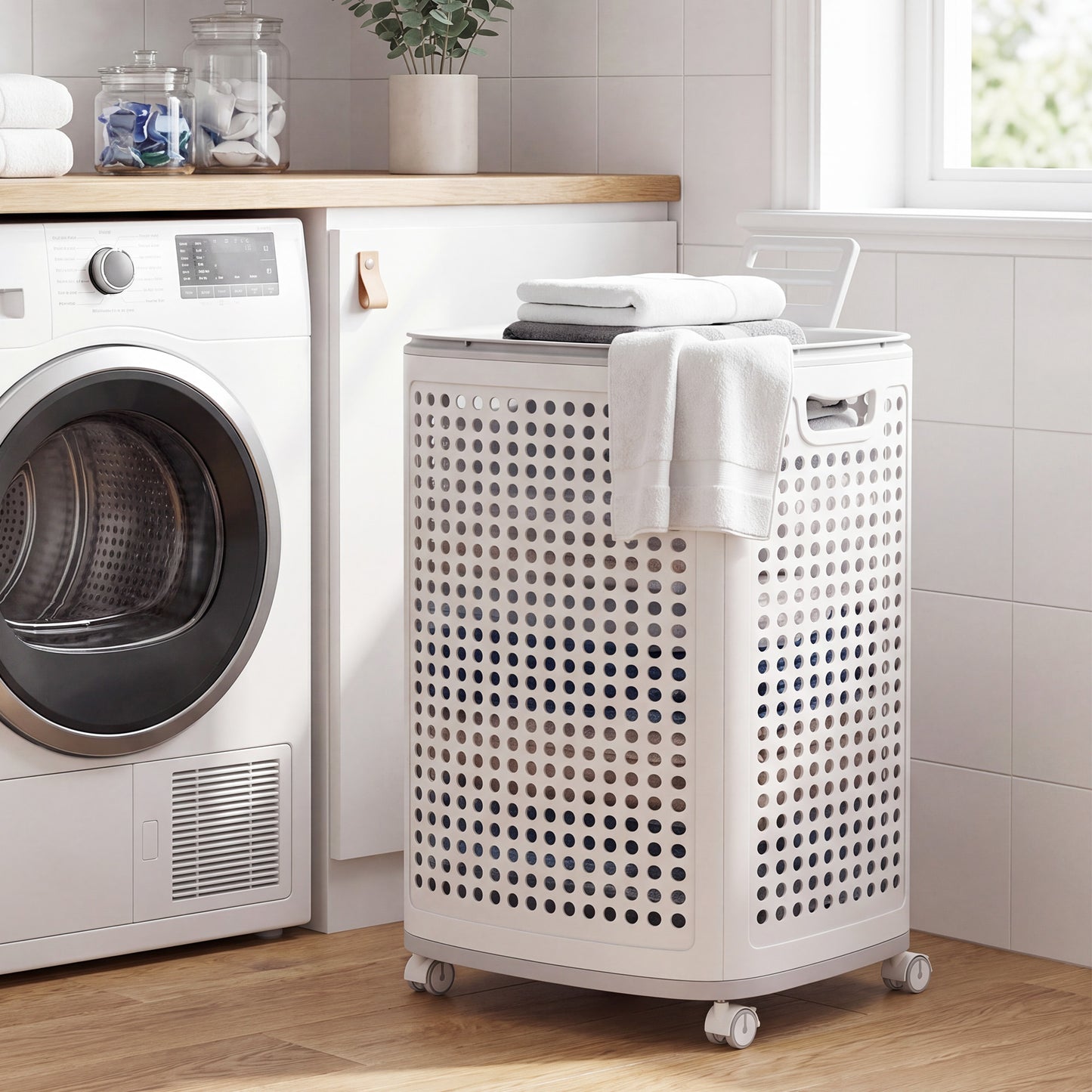 Rolling Laundry Hamper with Wheels, 19.8 Gal Slim Plastic Basket with Lid, for Bathroom Bedroom Dorm, White and Gray