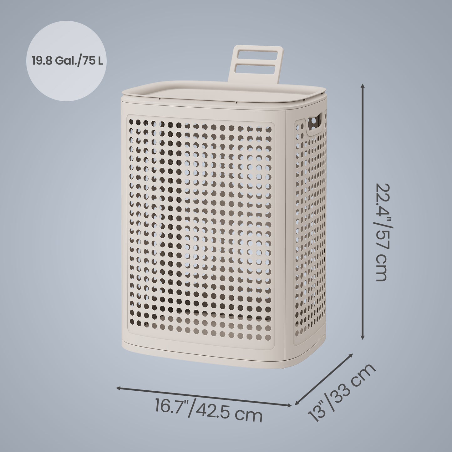 Slim Plastic Laundry Hamper with Lid, 19.8 Gal Space-Saving Storage Basket, for Bathroom Bedroom Dorm, Ventilated, Cappuccino Beige