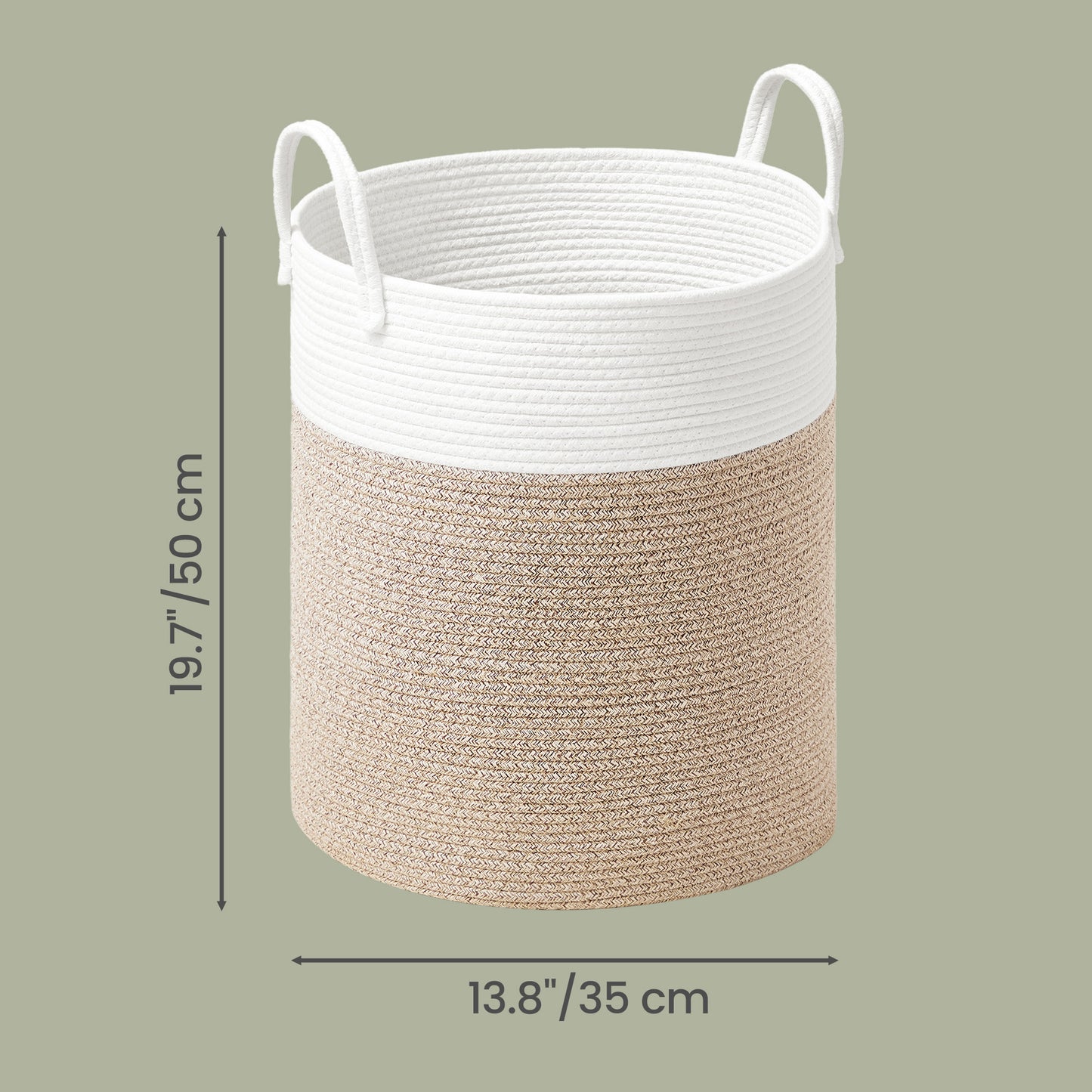 Large Laundry Hamper, Tall Woven Rope Storage Basket for Blankets Toys Dirty Clothes, 13.2 Gal, for Living Room Bathroom Bedroom, White and Brown