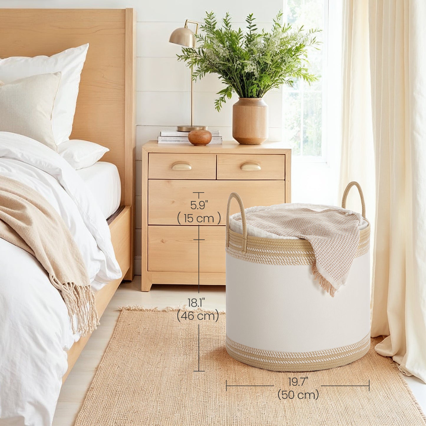 90L Laundry Hamper with Drawstring Lid & Handles, Sturdy Poly-Cotton Blend, Breathable Storage Basket for Clothes, Blankets, Bedroom, Living Room, Camel Brown