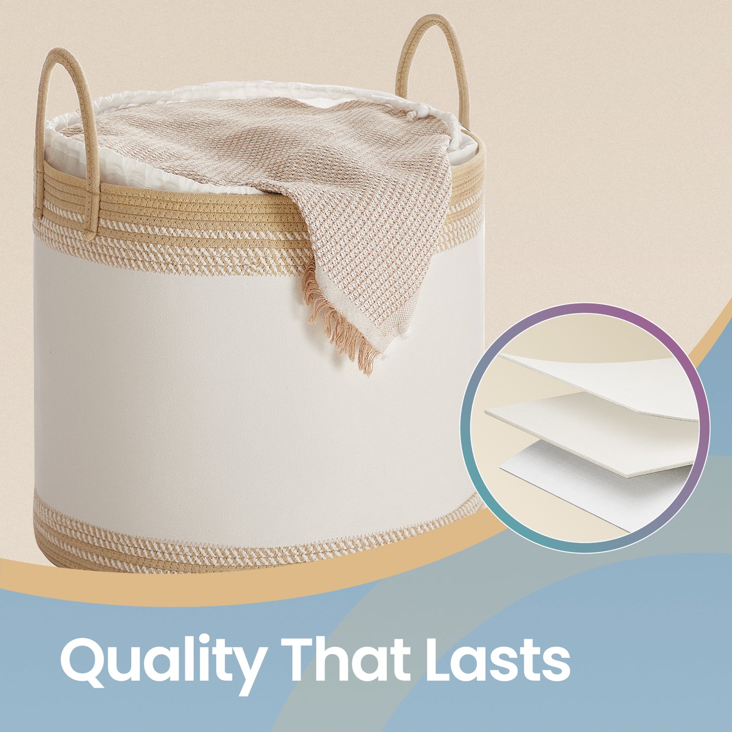 90L Laundry Hamper with Drawstring Lid & Handles, Sturdy Poly-Cotton Blend, Breathable Storage Basket for Clothes, Blankets, Bedroom, Living Room, Camel Brown