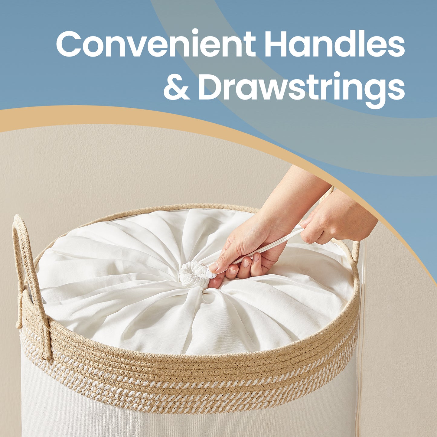 90L Laundry Hamper with Drawstring Lid & Handles, Sturdy Poly-Cotton Blend, Breathable Storage Basket for Clothes, Blankets, Bedroom, Living Room, Camel Brown