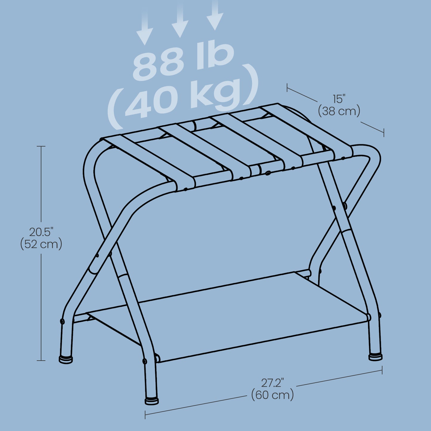 Luggage Racks Set of 2, Foldable Steel Frame with Storage Shelf & Hook-and-Loop Fastener, for Suitcases up to 110 lb, Black