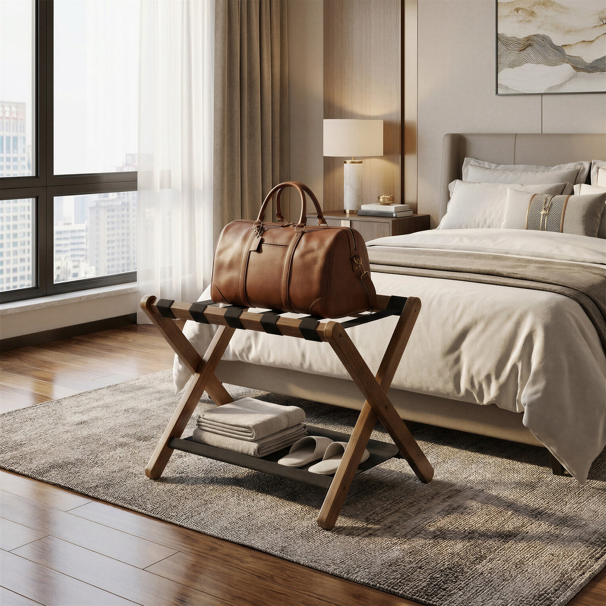 LEDREM Bamboo Suitcase Stand, Folding Luggage Rack, Heavy-Duty, Holds up to 131 lb, Walnut