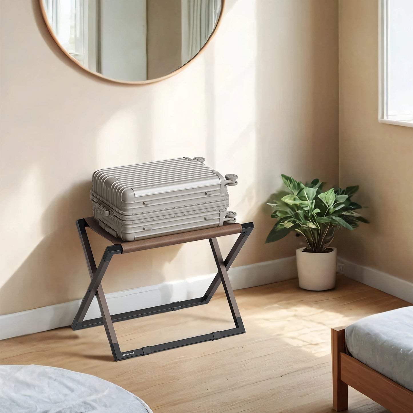 Foldable Luggage Rack with Synthetic Leather Shelf, Metal Suitcase Stand for Guest Room Hotel Bedroom, Walnut Brown and Ink Black