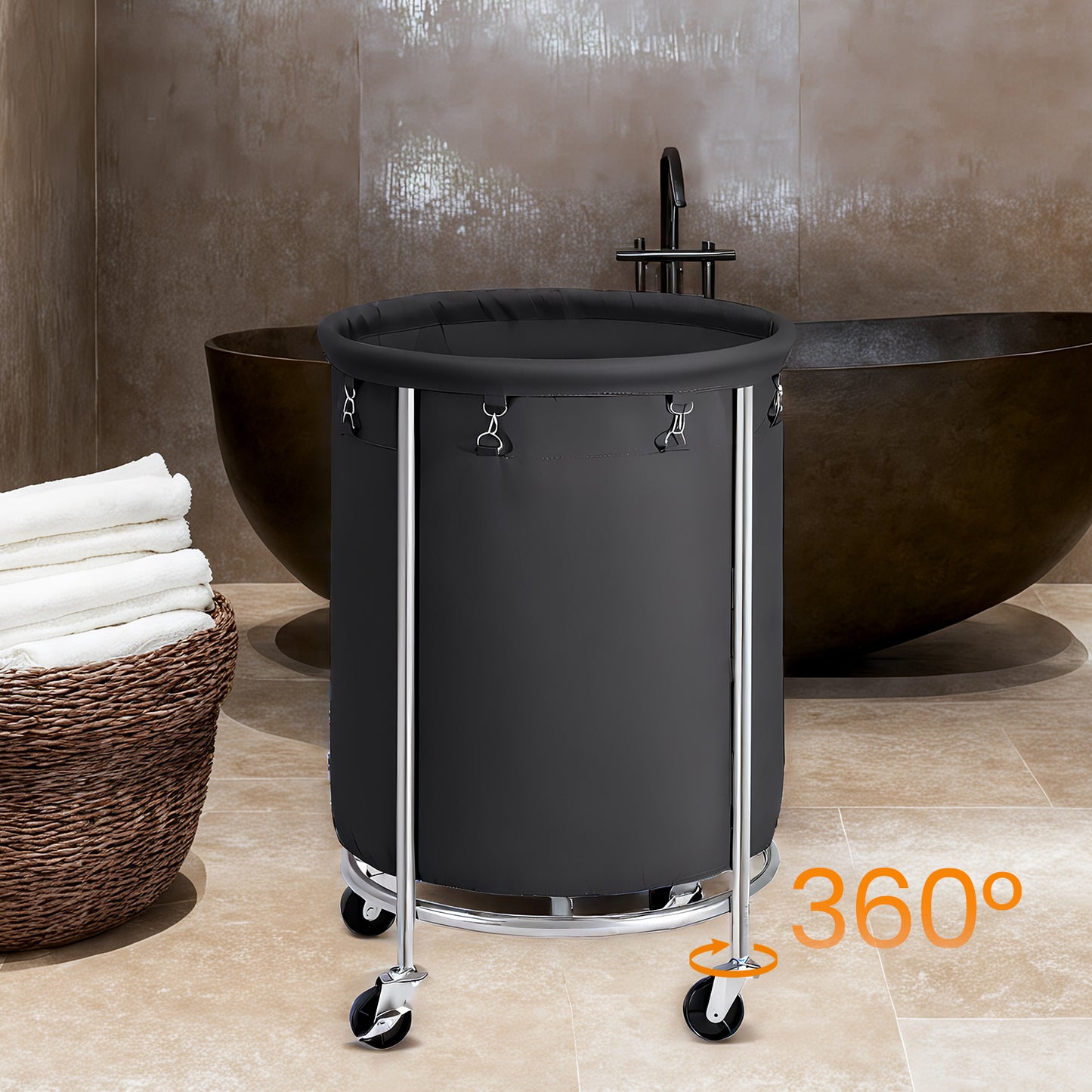 45-Gal Rolling Laundry Cart with Wheels, Steel Frame & Removable Bag, 4 Casters (2 Brakes), Heavy-Duty, Black and Silver