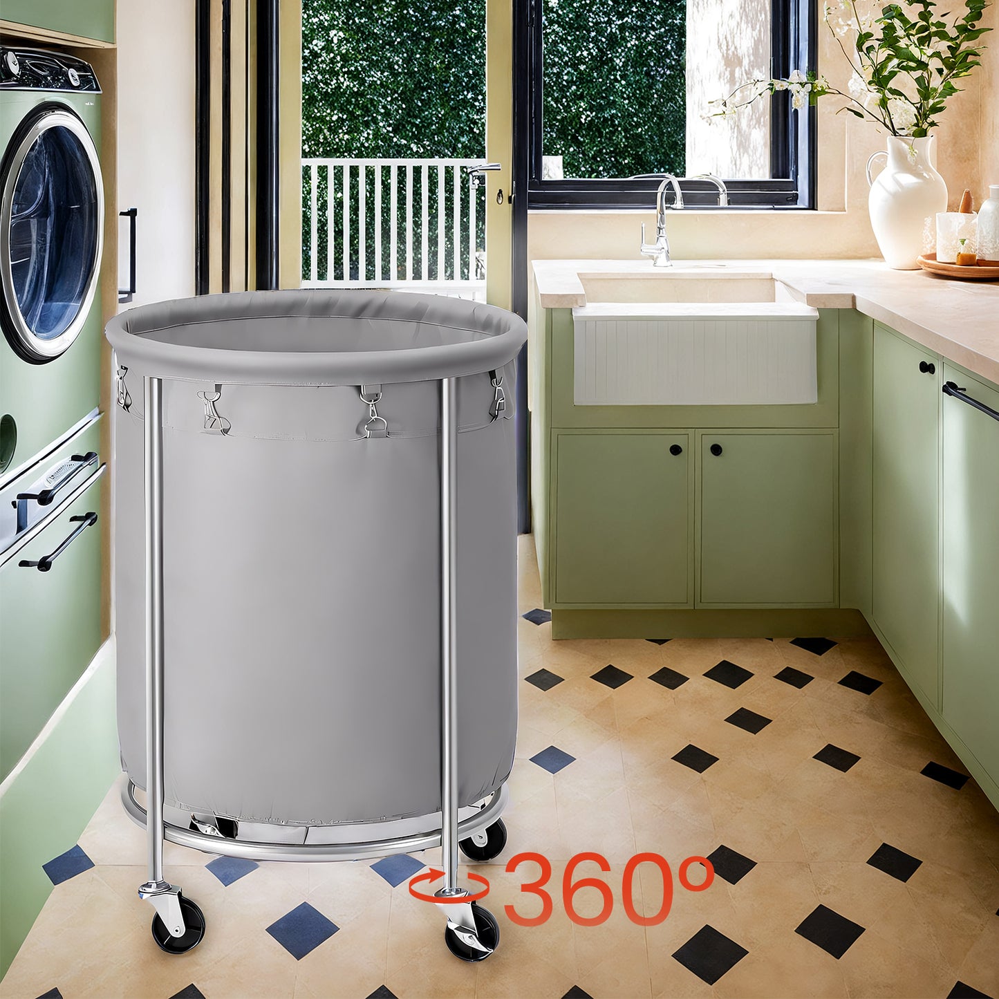 45-Gallon Rolling Laundry Hamper with Wheels, Steel Frame & Removable Bag, 4 Casters with Brakes, Gray and Silver