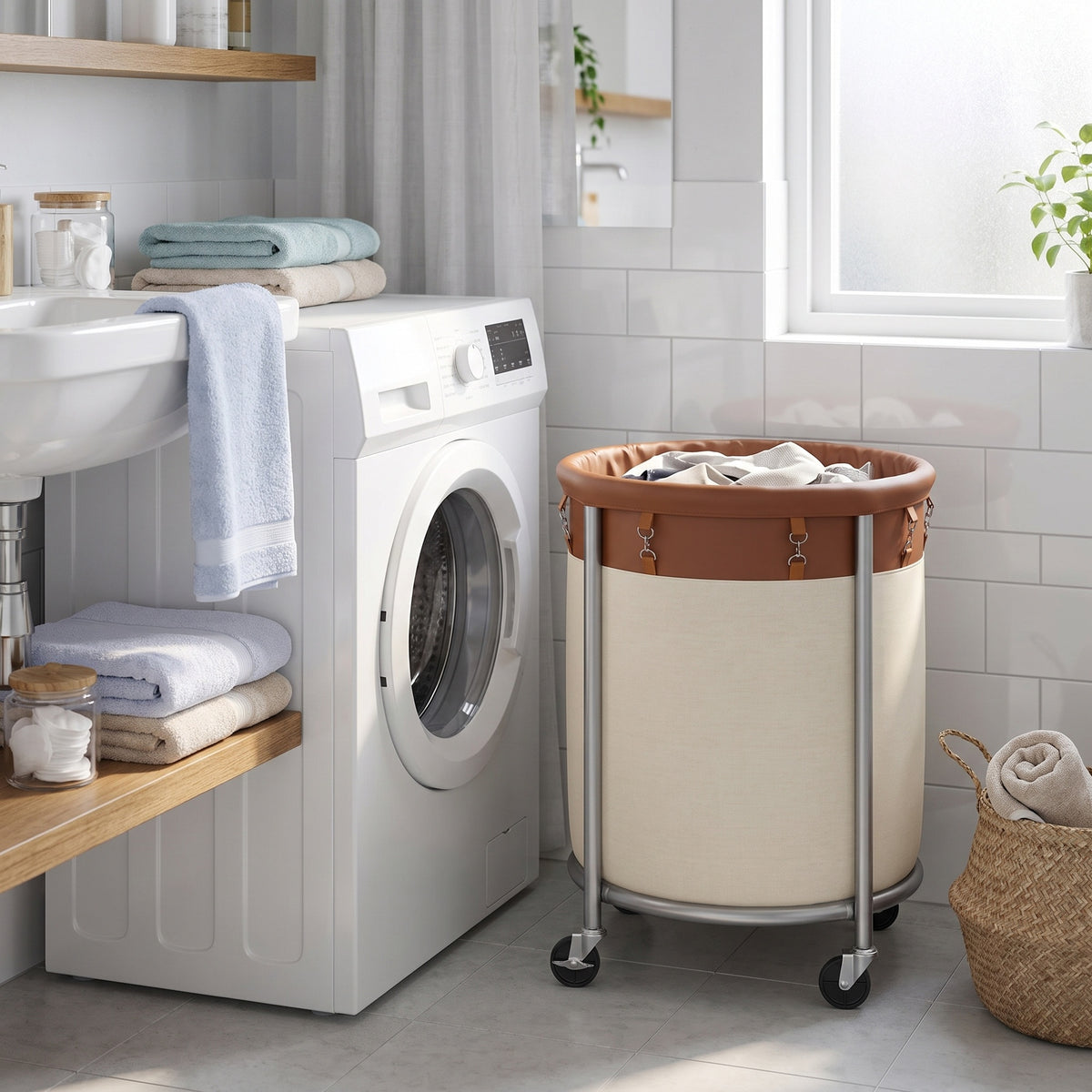 LEDREM 170L Rolling Laundry Hamper, Heavy-Duty Basket with Steel Frame, Removable Bag, for Home, Wheels, Tan and White