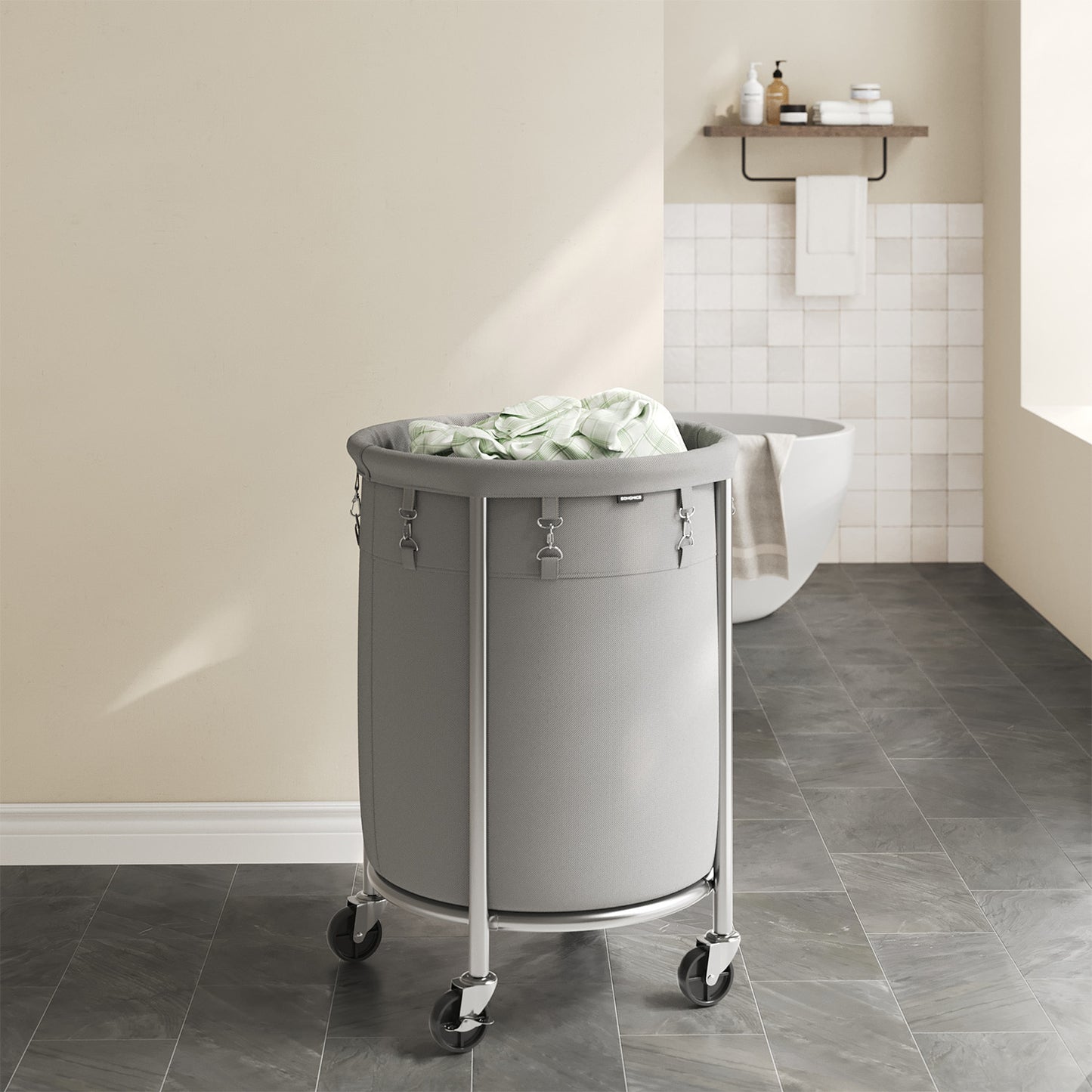 29-Gal Rolling Laundry Cart with Wheels, Steel Frame & Removable Bag, 4 Casters (2 Brakes), Heavy-Duty, Gray and Silver
