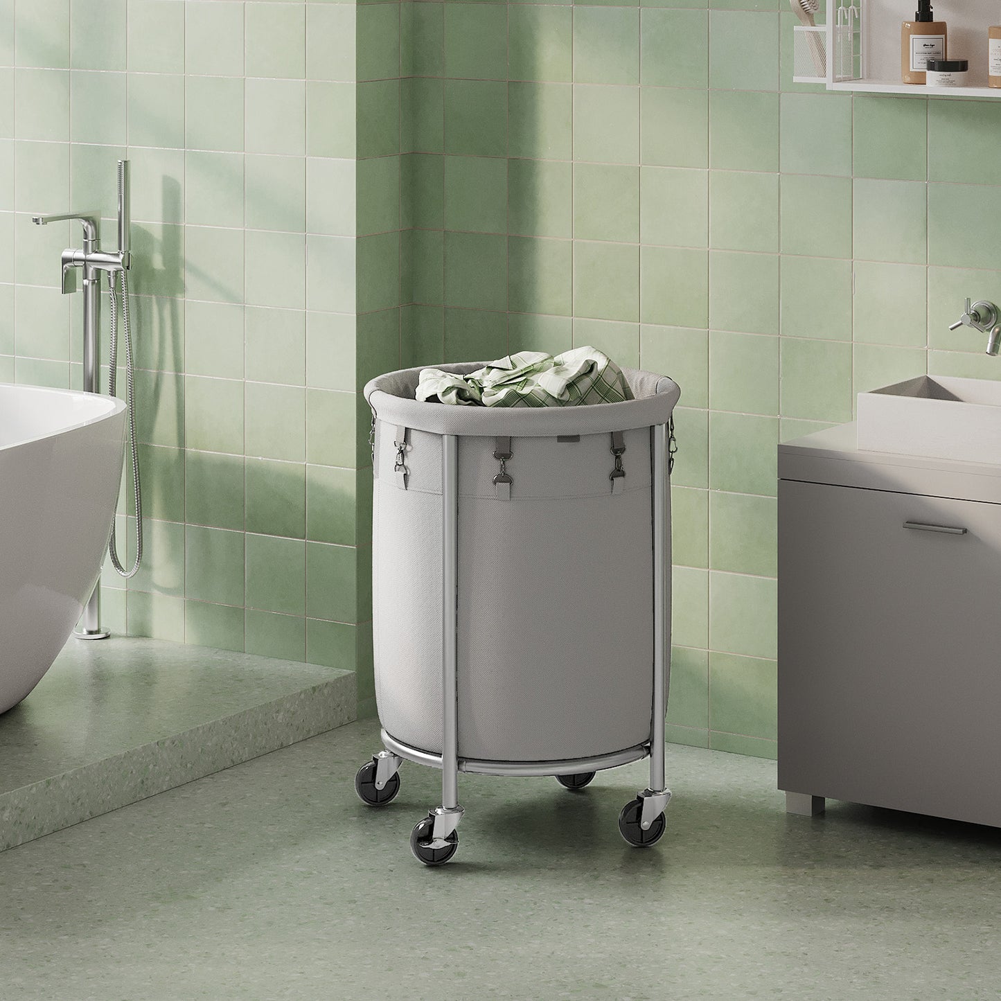 29-Gal Rolling Laundry Cart with Wheels, Steel Frame & Removable Bag, 4 Casters (2 Brakes), Heavy-Duty, Gray and Silver