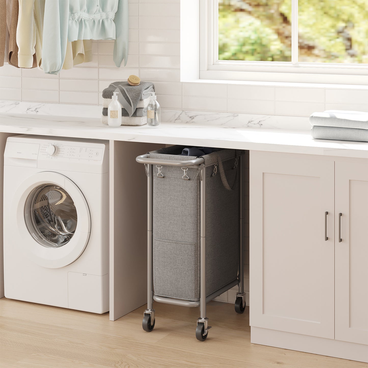 23.8-Gal Rolling Laundry Hamper with Wheels, Steel Frame & Removable Liner, Space-Saving Design, Dove Grey