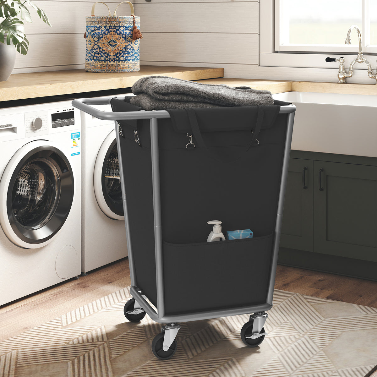 Rolling Laundry Basket with Wheels, 34.3 Gal Laundry Hamper with Removable Bag, Heavy-Duty Steel Frame, for Home, Ink Black