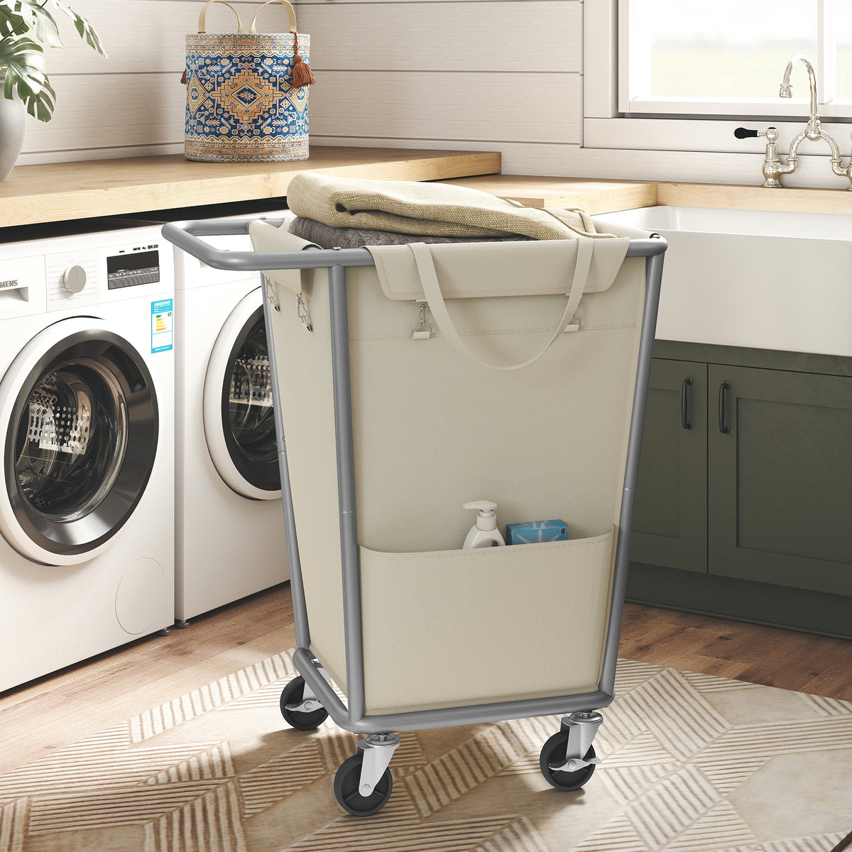 LEDREM 34.3 Gallons (130 L) Laundry Sorter & Hamper with Wheels, 22.4 x 16.1 x 31.9 Inches, White and Grey