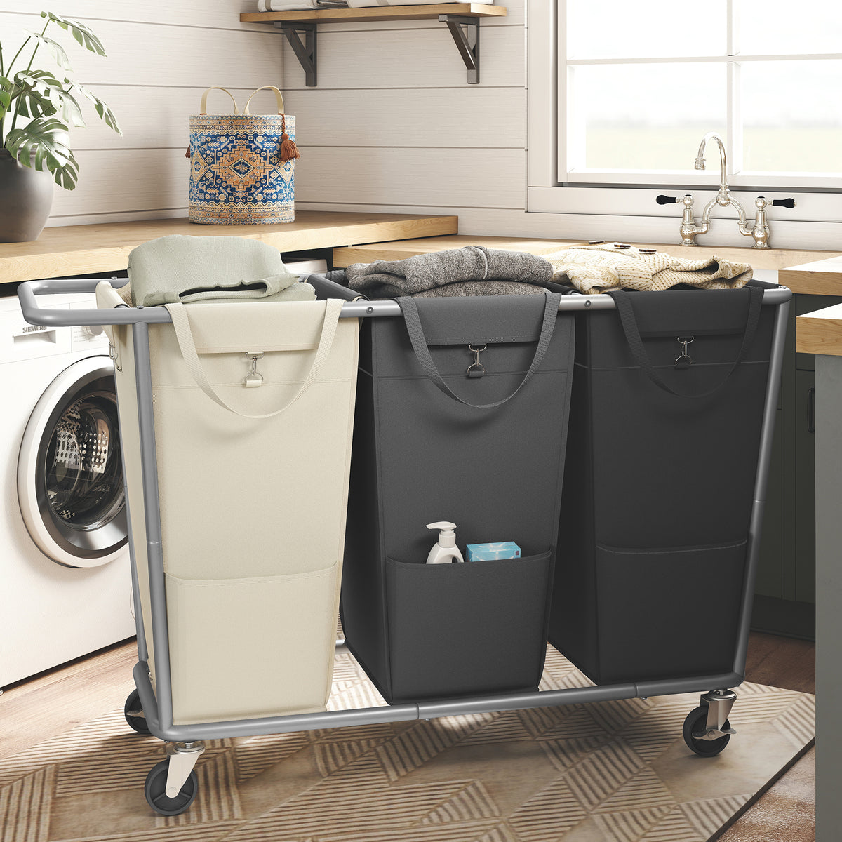 LEDREM 3-Section Rolling Laundry Sorter with Removable Bags,76.6 Gallons (290 L), 43.3 x 16.1 x 31.9 inches, Gray and Black